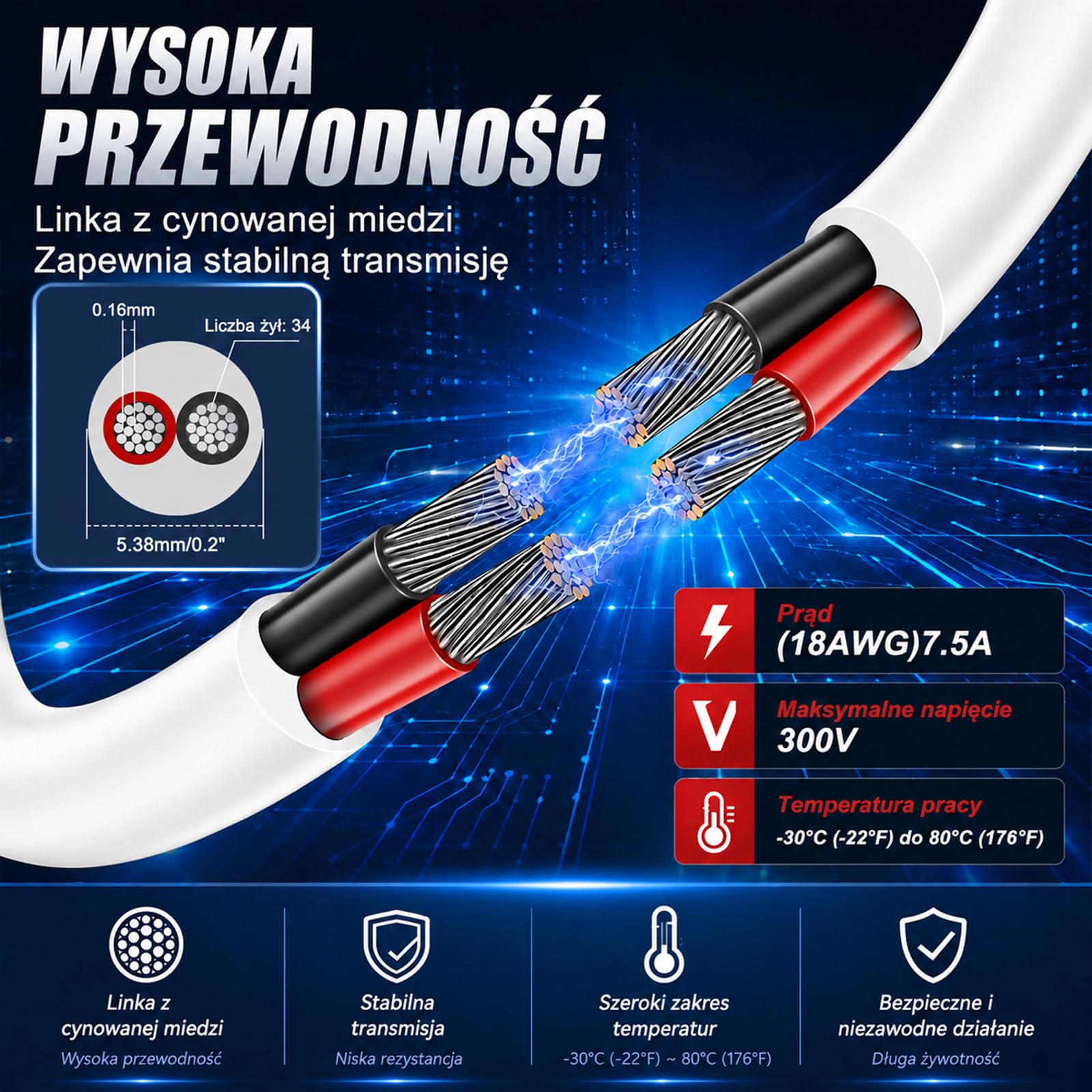 Przewód Elektryczny 18AWG 2-Żyłowy, 2 x 0,75 mm², Biały, 20 m, Miedź Cynowana, Elastyczny Przewód Niskonapięciowy 5V/12V/24V do Oświetlenia LED, Instalacji Samochodowych i Głośników