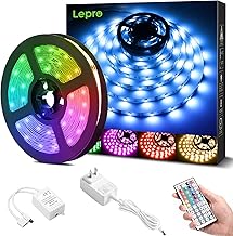 Lepro SMD 5050 LED Light Strip, 16.4 ft (5 m), RGB, High Brightness, Dimmable, 150 high-density, 44-key remote control, 12V, Cuttable, Bright Light, 3M Double-sided Tape, Non-waterproof