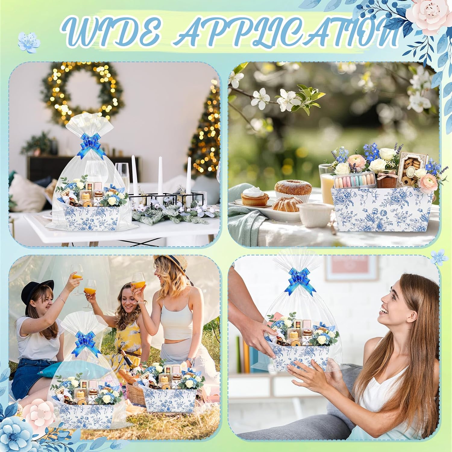 Funnymoom 12 Pcs Blue Floral Gift Baskets Empty with Cellophane Bags and Ribbon Bows, Paper Party Favor Baskets for Garden Party, Baby Shower, Spring Picnic, Birthday, 9.8 x 6.5 Inch image 5