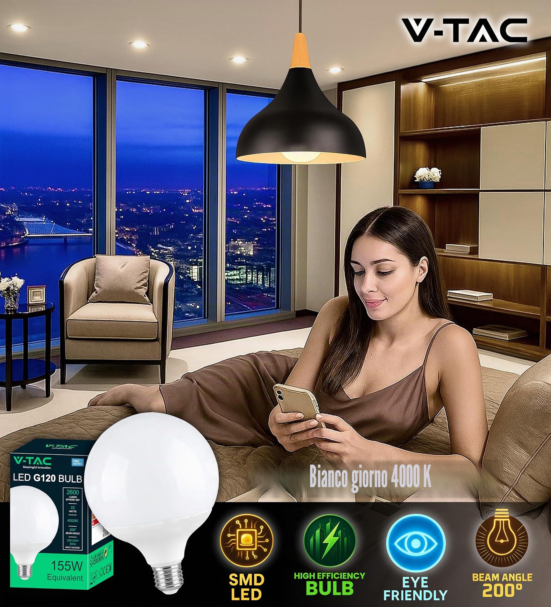 V-TAC Lampadina LED Globo 22W (Equivalenti a 155W) G120 - Attacco E27-2600 Lumen - Lampadina LED Massima Efficienza e Risparmio Energetico - Luce 4000K Bianca Naturale (Confezione da 2)