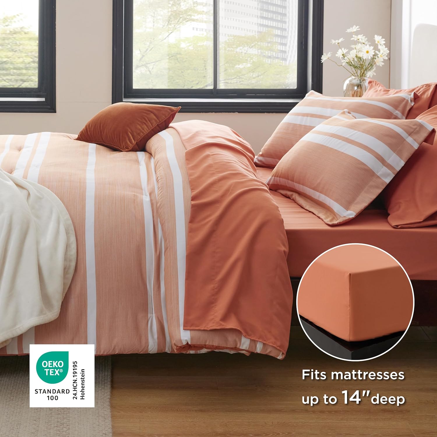 Bedsure Twin XL Comforter Set 5 Pieces, Burnt Orange Striped Bedding Set for All Seasons, Reversible, Cationic Dyeing Bed in a Bag with Comforter, Sheets, Pillowcase & Sham