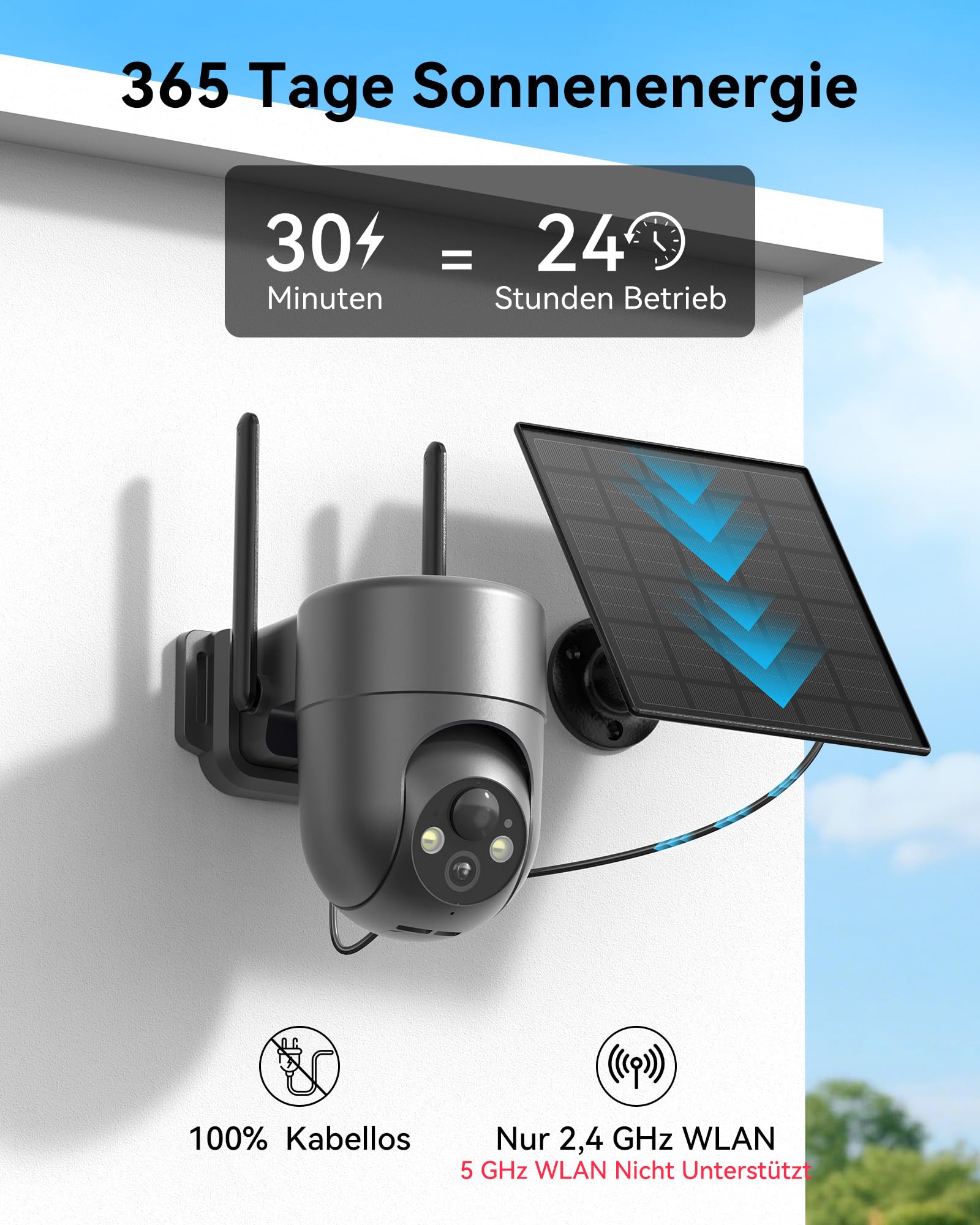 2K Überwachungskamera Aussen Solar Akku WLAN, 2,4 GHz | 360° PTZ Kamera Überwachung Aussen Akku mit PIR-Erkennung, Farbige Nachtsicht, 2-Wege-Audio, IP66 Wasserdicht, 2 Stück