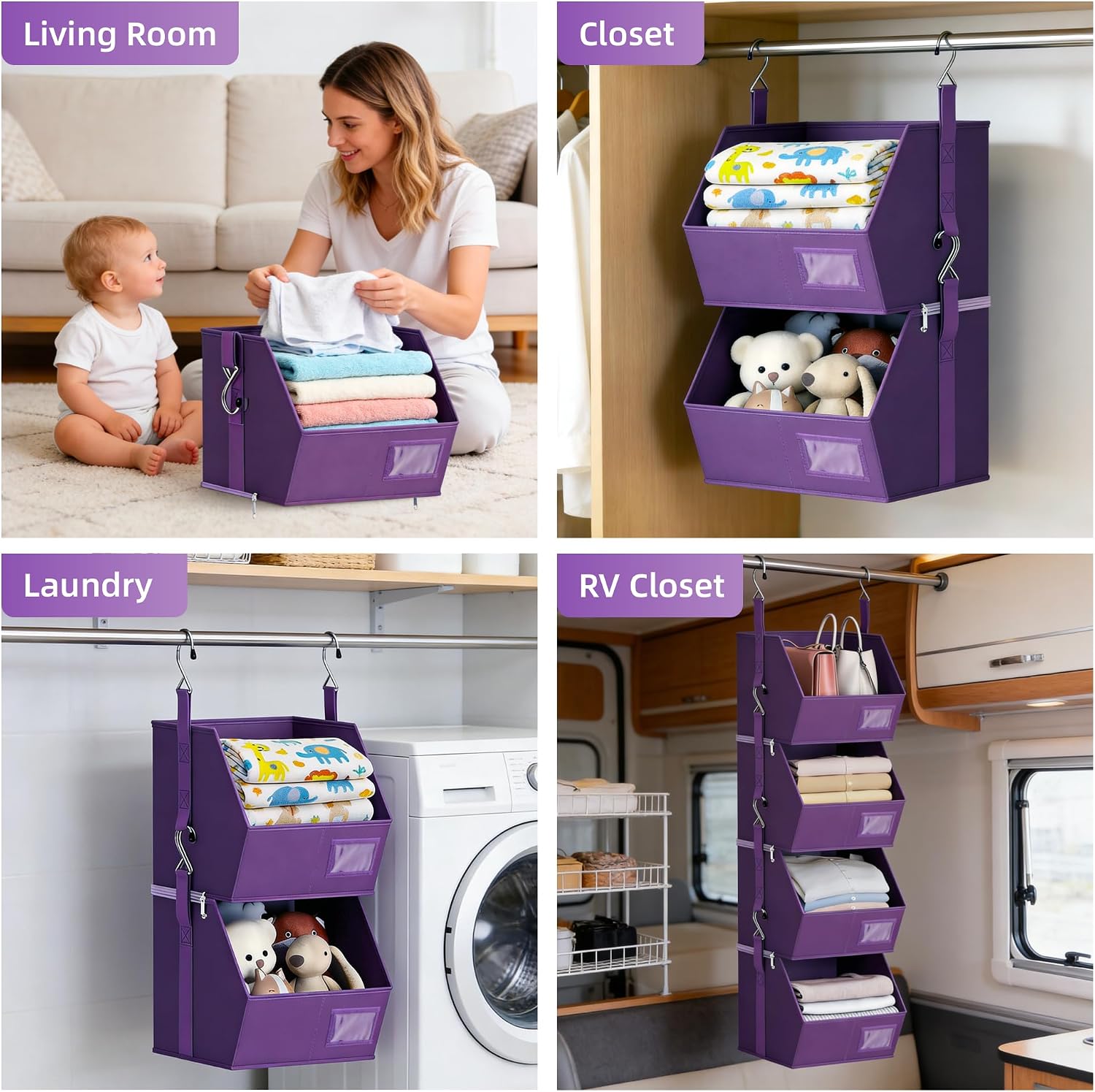 Hanging Closet Organizer 4 Tier, Hanging Shelves for Closet-Hanging Closet Organizer with Stackable Shelves,Versatile Fabric Storage Bins for Bedroom, RV, Nursery,Dorm(Purple)