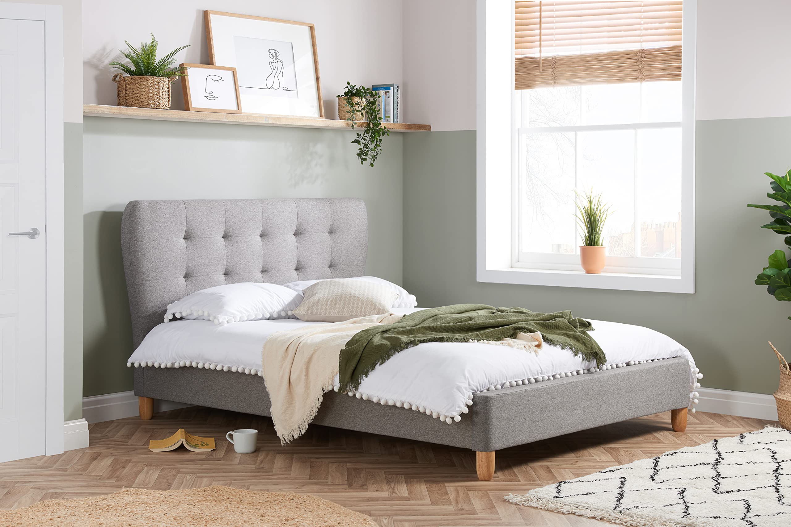 Stockholm Double Grey Fabric Bed Frame - Wool-like Upholstery - Buttoned Headboard - Sprung Slatted Base - Max 300kg Load