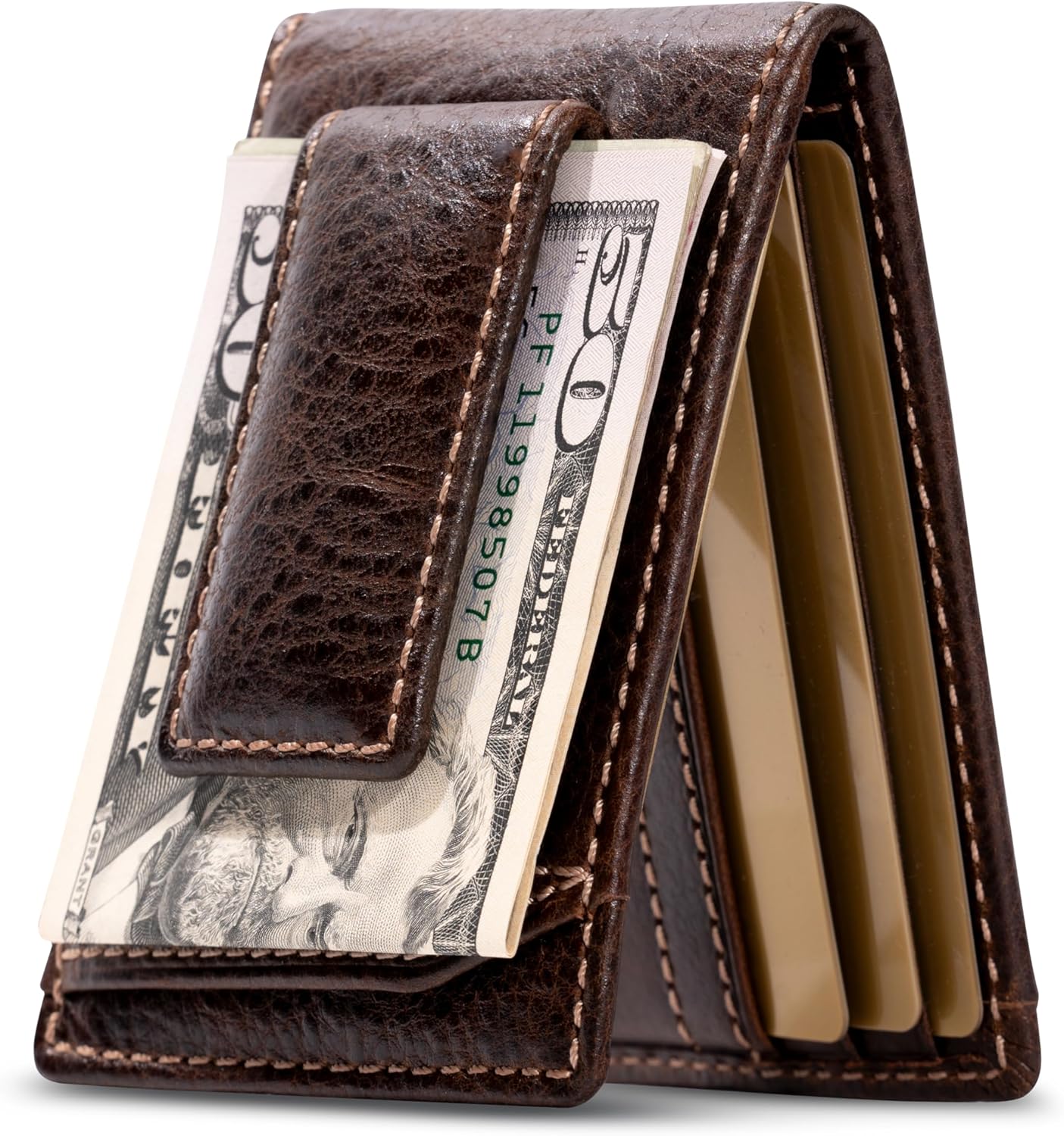 House of Jack Co. Ivor Bifold Money Clip Wallet for Men, Slim Front Pocket Wallet with Strong Magnetic Clip, Exterior ID Window, Full Grain Cowhide, Brown - Image 4