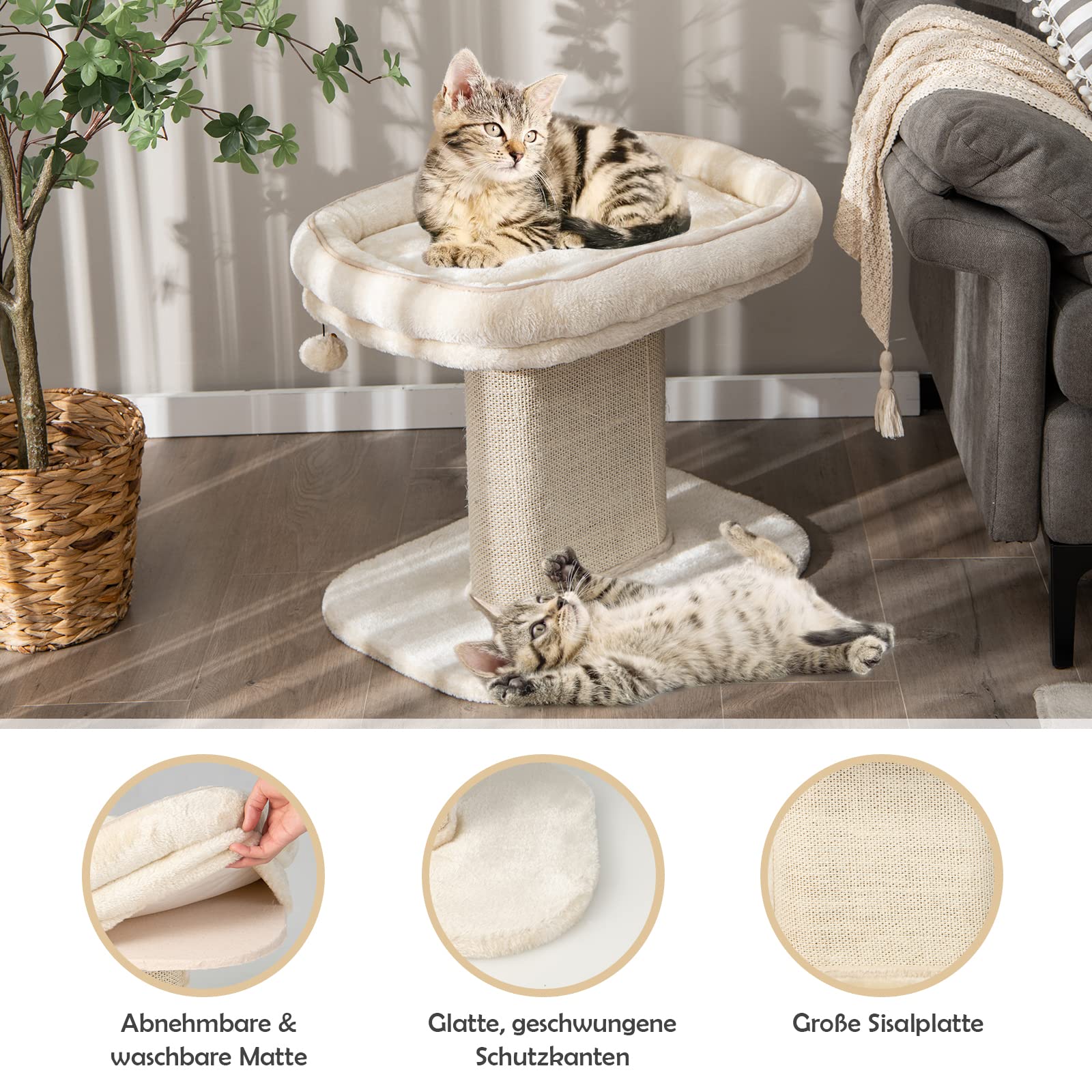 COSTWAY Kratzbaum Klein, 50cm hoch, Katzenbaum mit weicher Plüschsitzfläche & Sisal-Kratzsäule & Ball, Katzenkratzbaum Holz, Katzen Katzenmöbel Kletterbaum, Aktivitätsbaum Spielbaum (Beige)