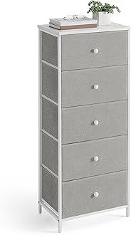 SONGMICS Chest of Drawers Bedroom, Drawer Storage Unit, Dresser with 5 Fabric Drawers, Metal Frame, Tall and Slim, for Closet, Dove Grey and Cream White LTS315G01