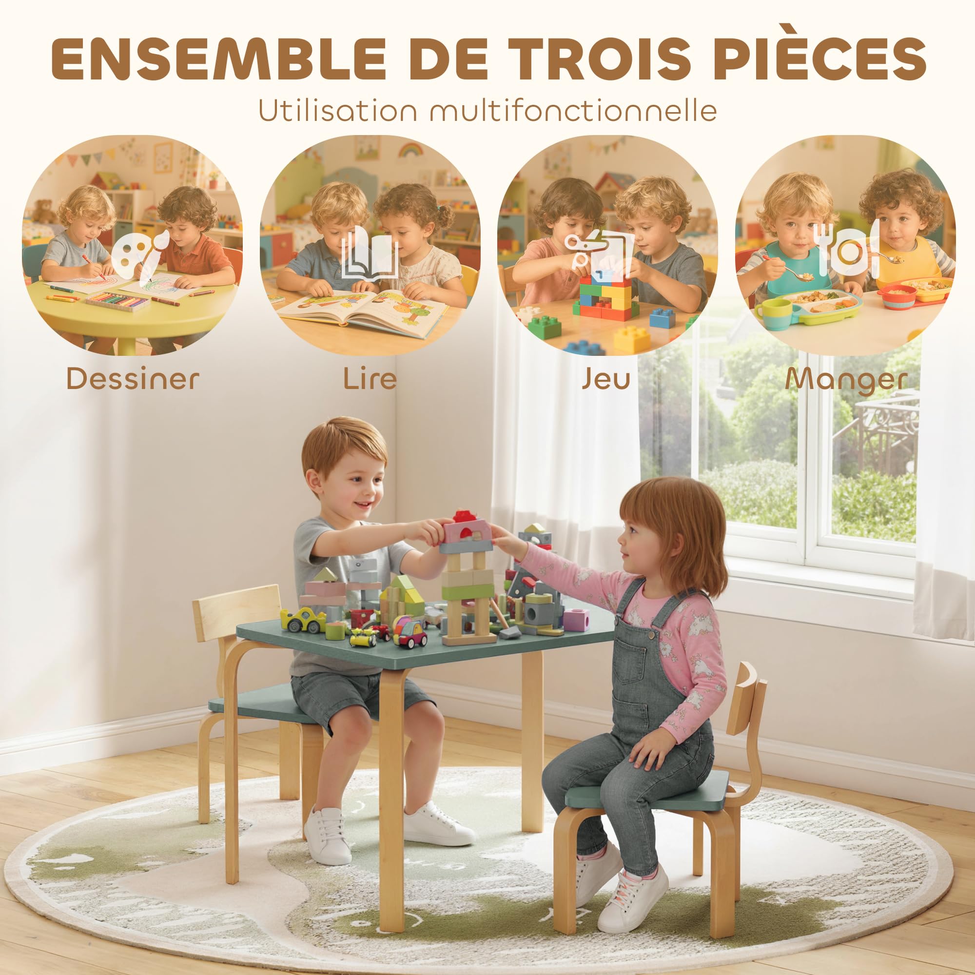 AIYAPLAY Table Enfant avec Chaise, Ensemble Table et 2 Chaises en Bois pour Dessiner, Jouer, Étudier, 3-8 Ans, Vert