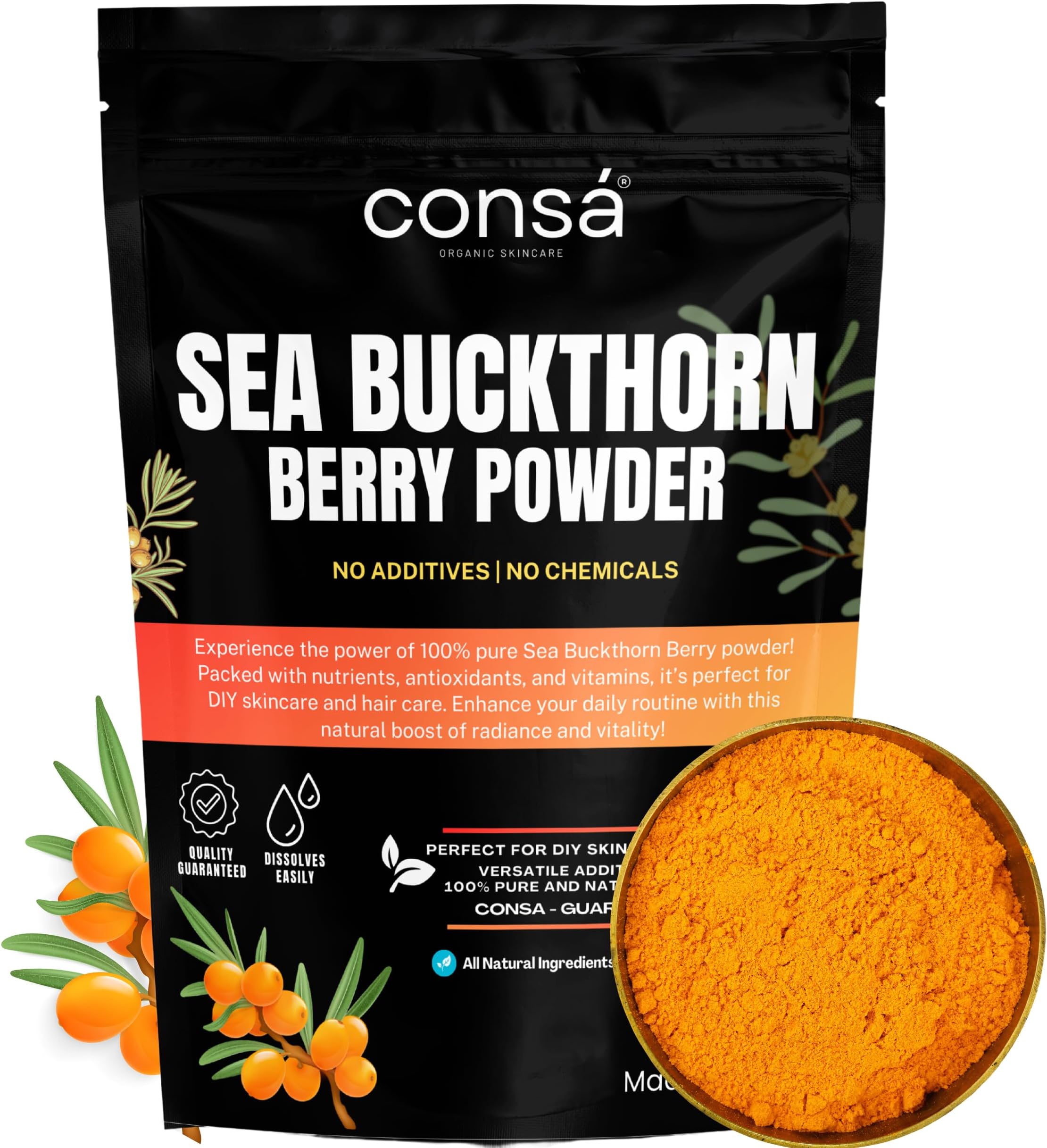 Organic Sea Buckthorn Berry Powder - 100% Pure Sea Buckthorn Powder - Source of Various Vitamins & Minerals (100 Grams)