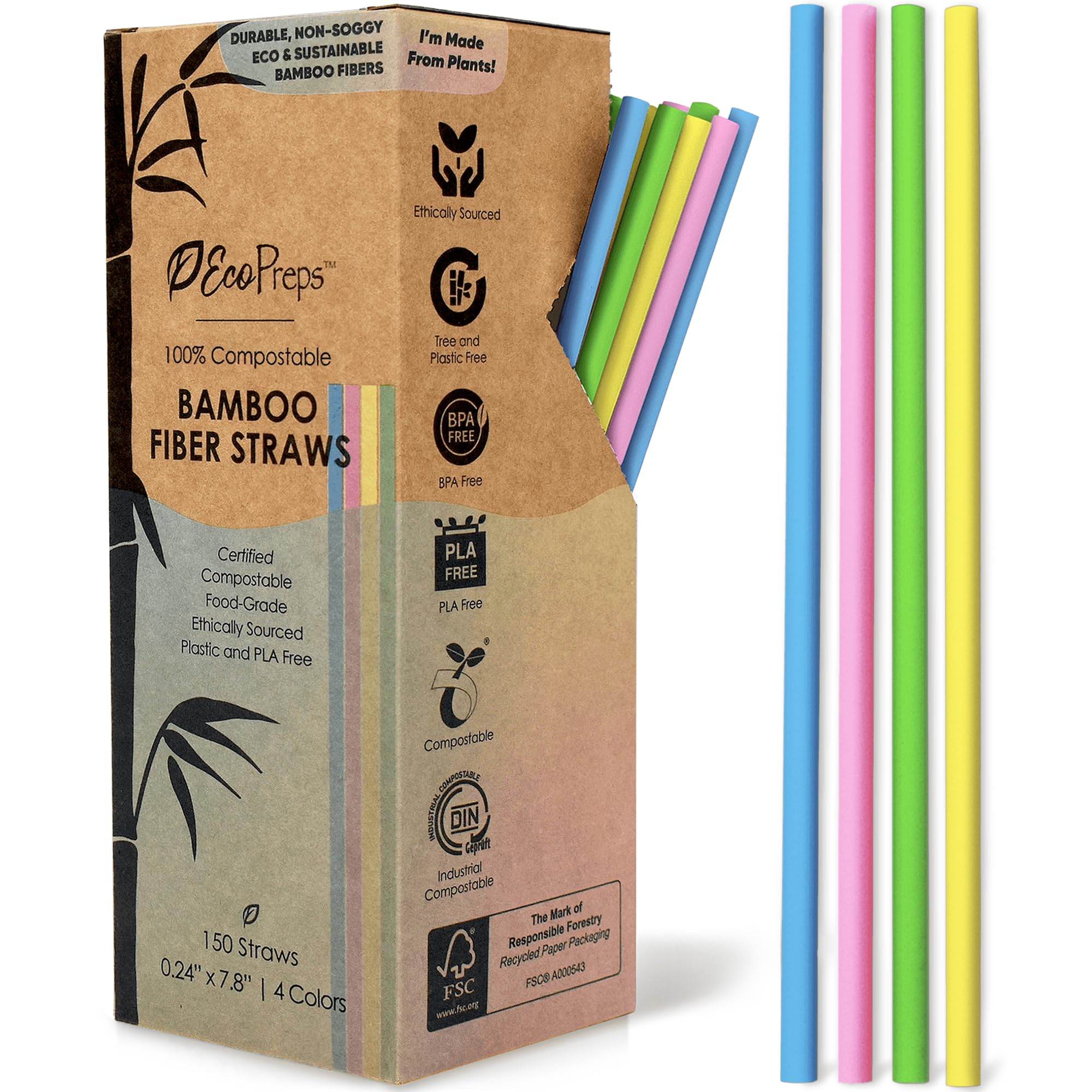 EcoPreps Colorful Bamboo Fiber Biodegradable Straws, 100% Compostable, Plastic-Free, Eco-Friendly Drinking Straws | 8'' Plant Fiber Disposable Straws, Durable for Hot & Cold Drinks (7.8” - 150 Straws)