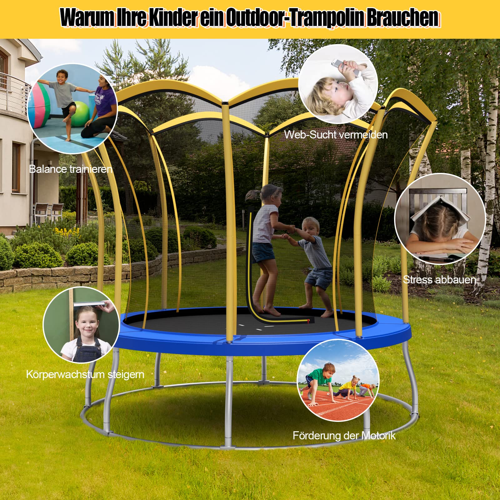 COSTWAY φ244cm/ 305cm Gartentrampolin mit Blumenform, GS Zertifiziert, Trampolin Outdoor mit Sicherheitsnetz, gepolsterten Stangen & Randabdeckung, Kindertrampolin Komplettset bis 190 kg belastbar