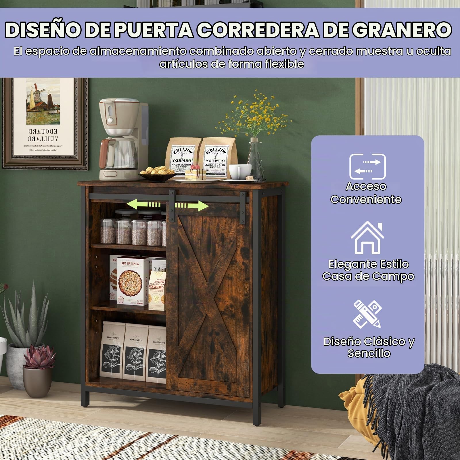 KOMFOTTEU Aparador de Cocina con Puerta Corredera de Granero | Mueble Buffet con 6 Compartimentos, Armario de Comedor con Estantes Ajustables de 3 Niveles, 70 x 30 x 81 cm