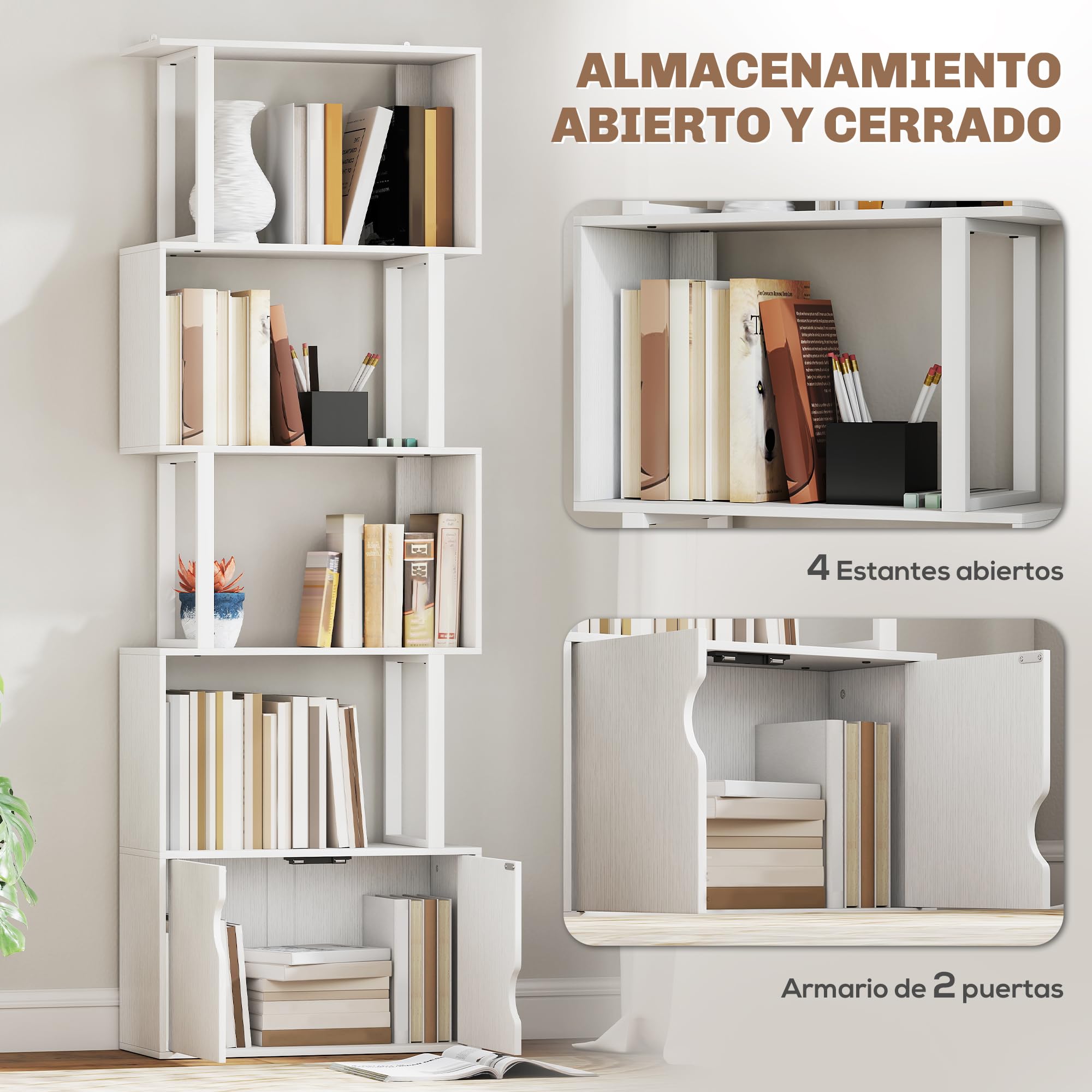 HOMCOM Librería de 5 Niveles en Forma de S 60x23,8x179,2 cm Blanco | Estantería de Libros, 5 Estantes, 2 Puertas, Sala de Estar, Oficina, Estudio, Dormitorio