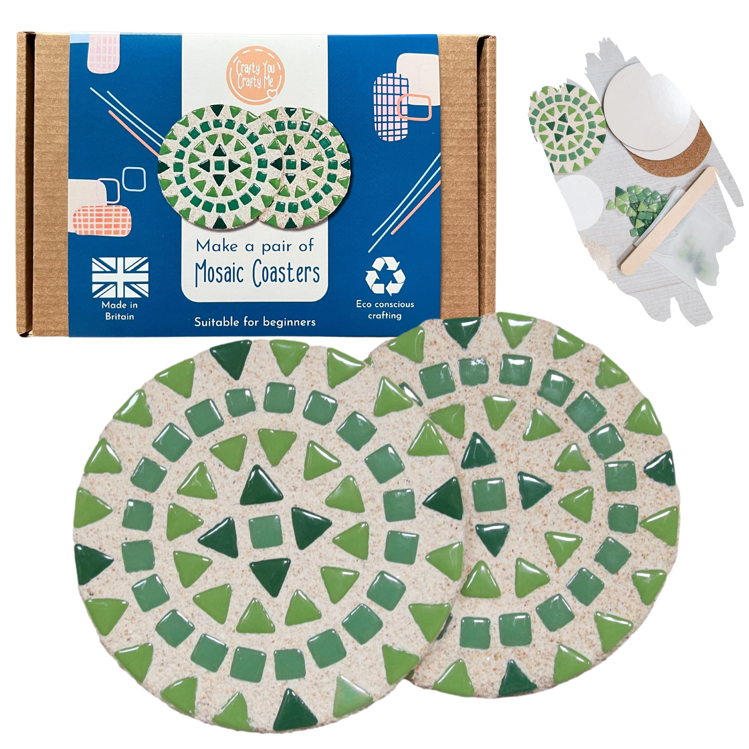 Crafty You Crafty Me Green - Mosaic Coaster Craft Kits For Adults (Green), Make 2 Round Coasters, Craft Gifts, Gifts For Her, Gifts For Mum, Made In Uk