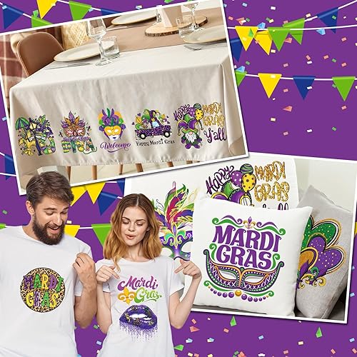 Miniatura 7 de JarThenaAMCS 19 hojas de calcomanías de vinilo de transferencia de calor Mardi Gras, máscara de mascarada, vinilo mixto impreso para carnaval,