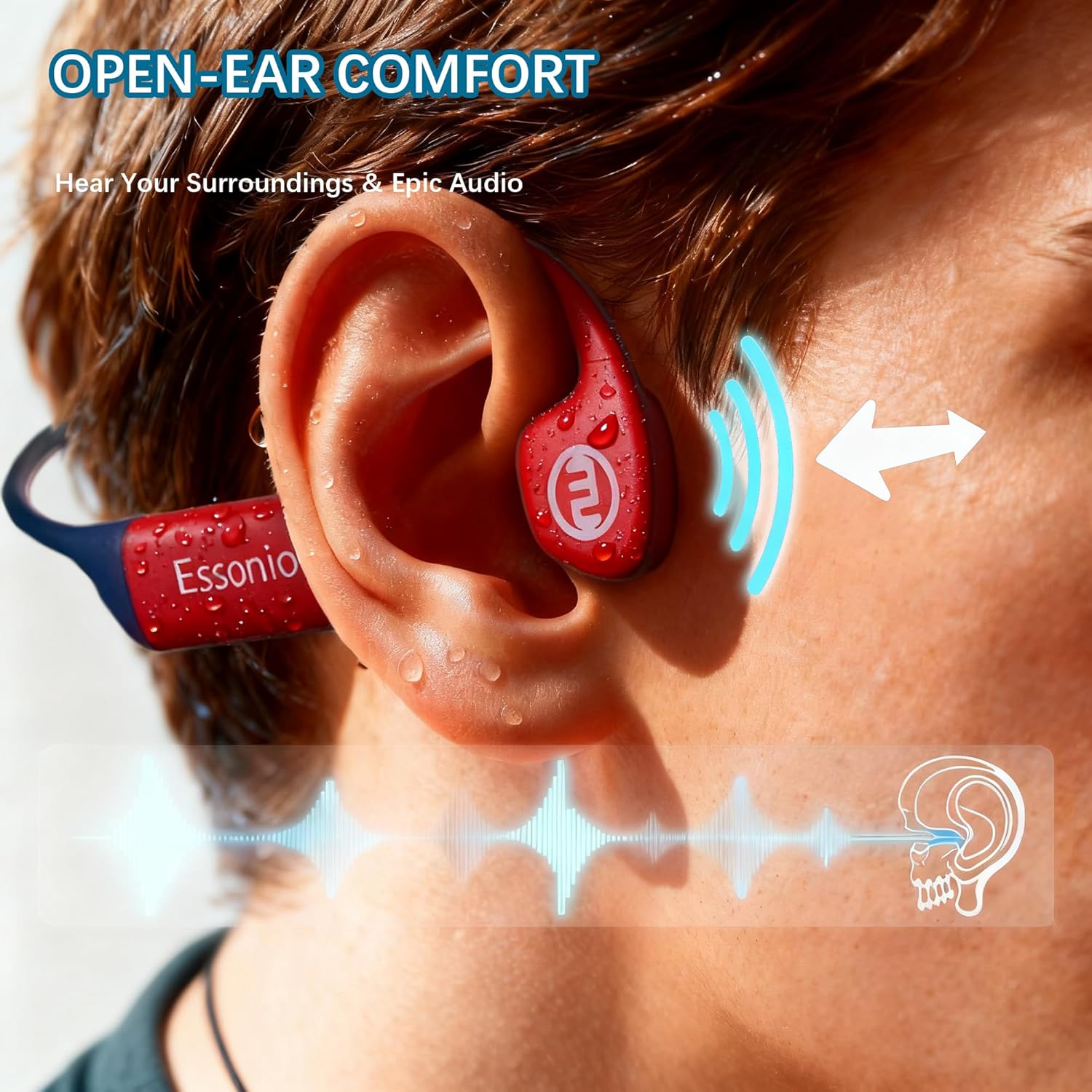 Bone Conduction Headphones IP68 Waterproof Swimming Headphones with Mic Bluetooth Open Ear Earbuds with MP3 Mode 32GB Memory Deep Bass Secure Fit Hearing, Blue