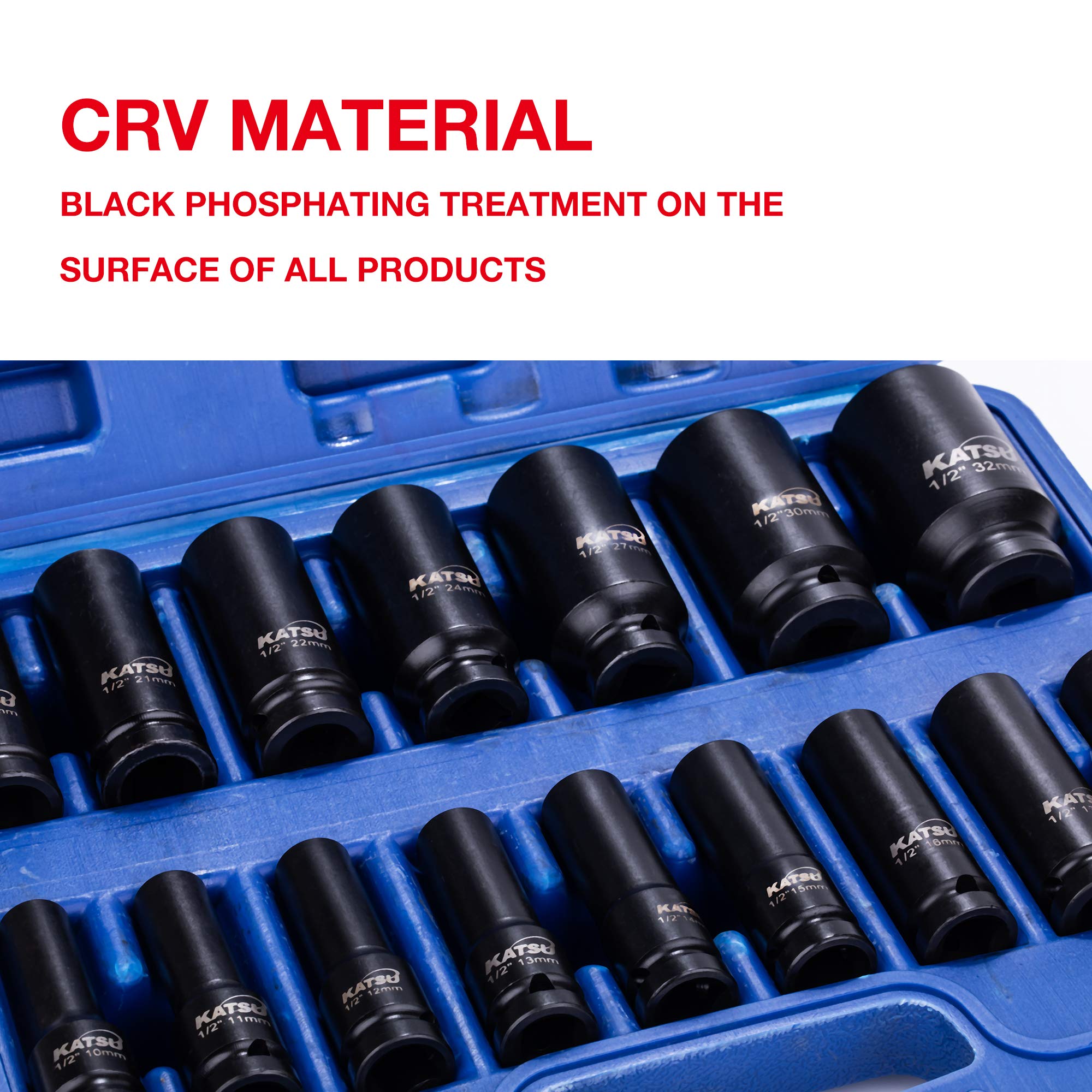 KATSU 1/2" Llaves de Vaso Impacto 16 Piezas, 10mm - 32mm Juego de Llaves de Vaso de Impacto Profundo Llave Métrica Resistente, Herramienta de Reparación Motores Camiones Tractores 420441