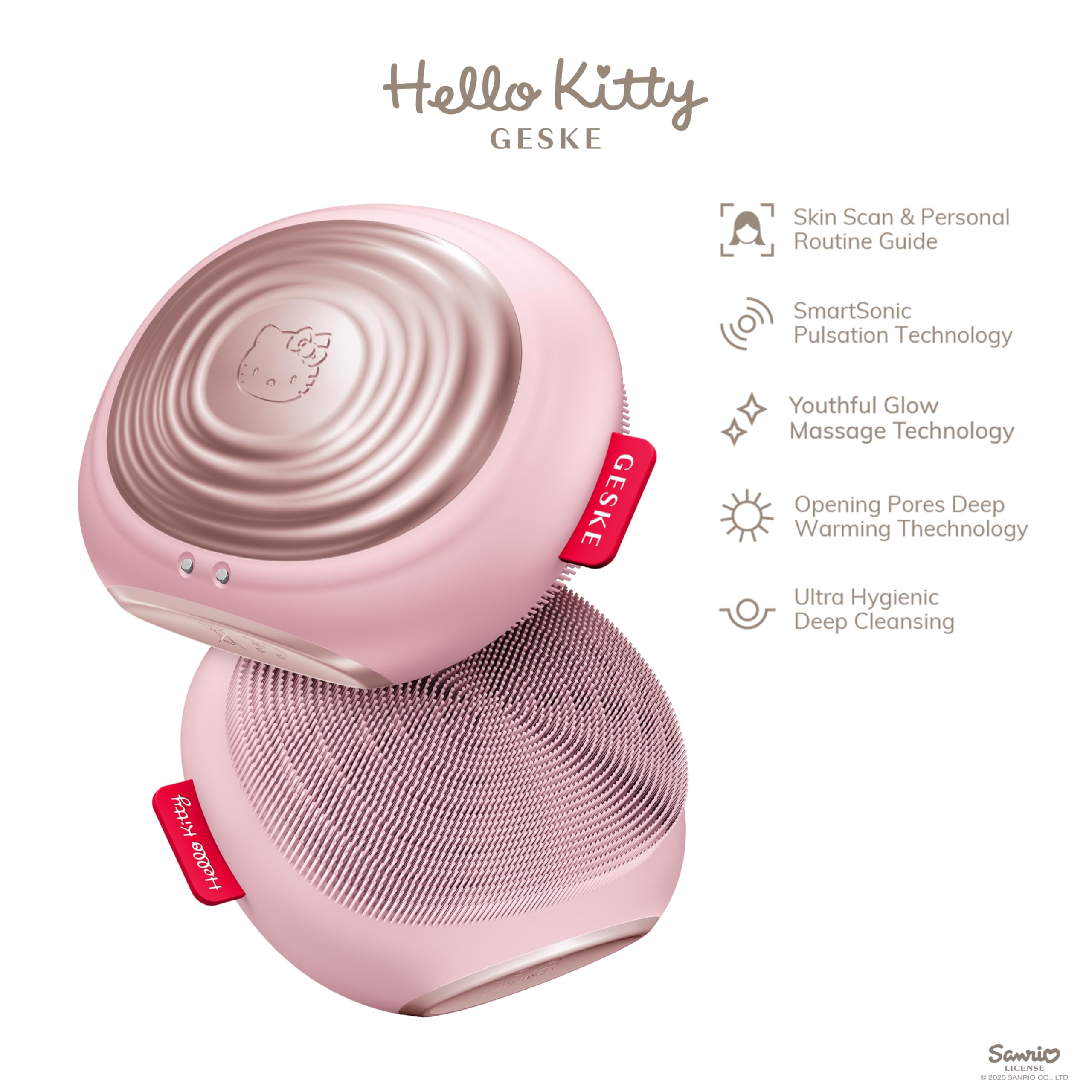 GESKE x Hello Kitty | Termiczna szczoteczka do twarzy SmartAppGuided™ | 5 w 1 | Oczyszczanie skóry | Szczotka do czyszczenia z funkcją grzania | Masażer do twarzy | Urządzenie do oczyszczania twarzy