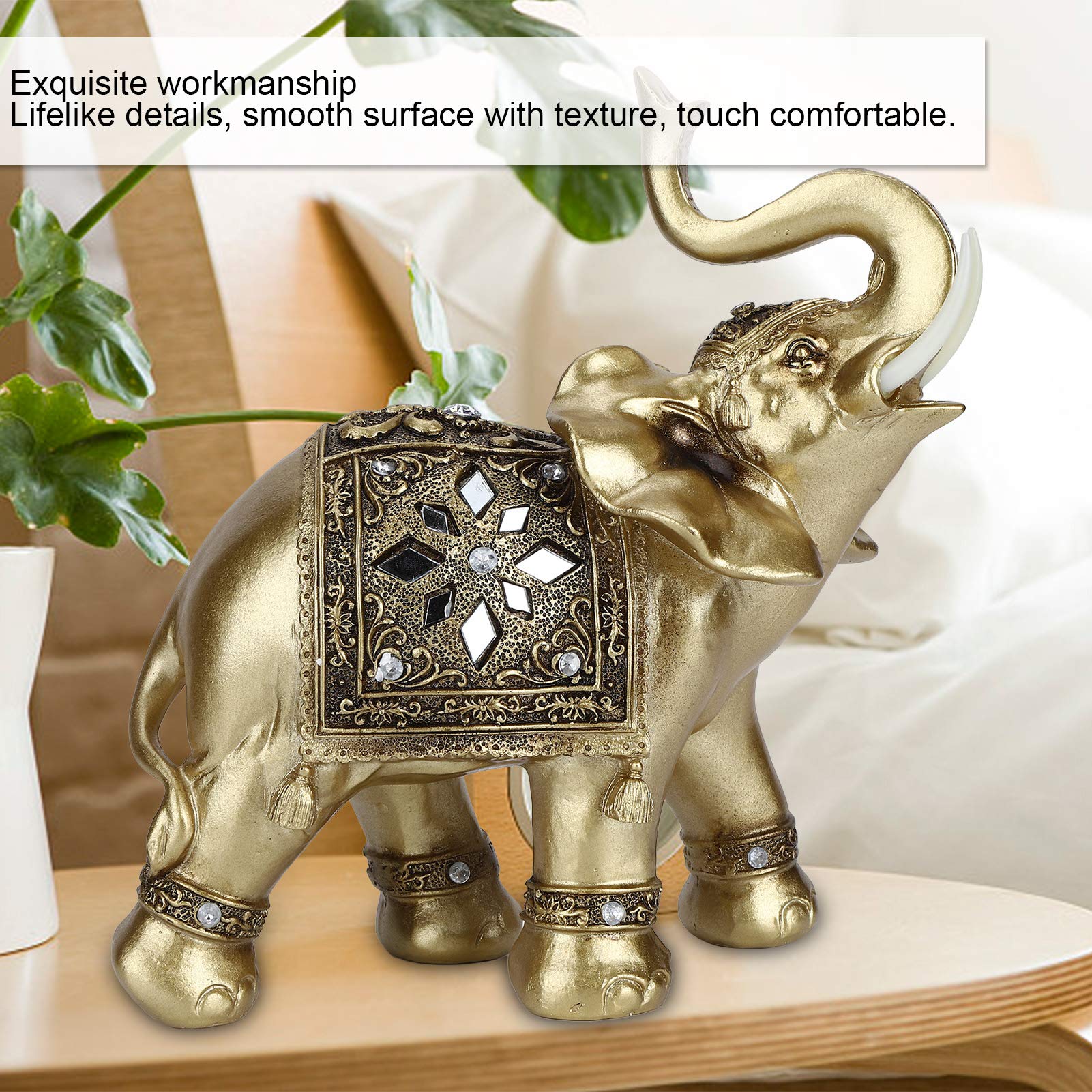 Cyrank Estatua de Elefante de Resina`` Lucky Feng Shui Estatua de Elefante Dorado Escultura Riqueza estatuilla decoración de Oficina en casa Regalo