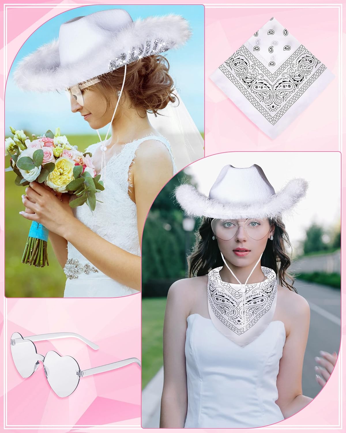 Jecery 18 Pieces Bachelorette Hats Set, Includes Bride Hat with Veil and 5 Pink Hats, 6 Heart Rimless Sunglasses, 6 White and Pink Bandana for Last Rodeo Bachelorette Party