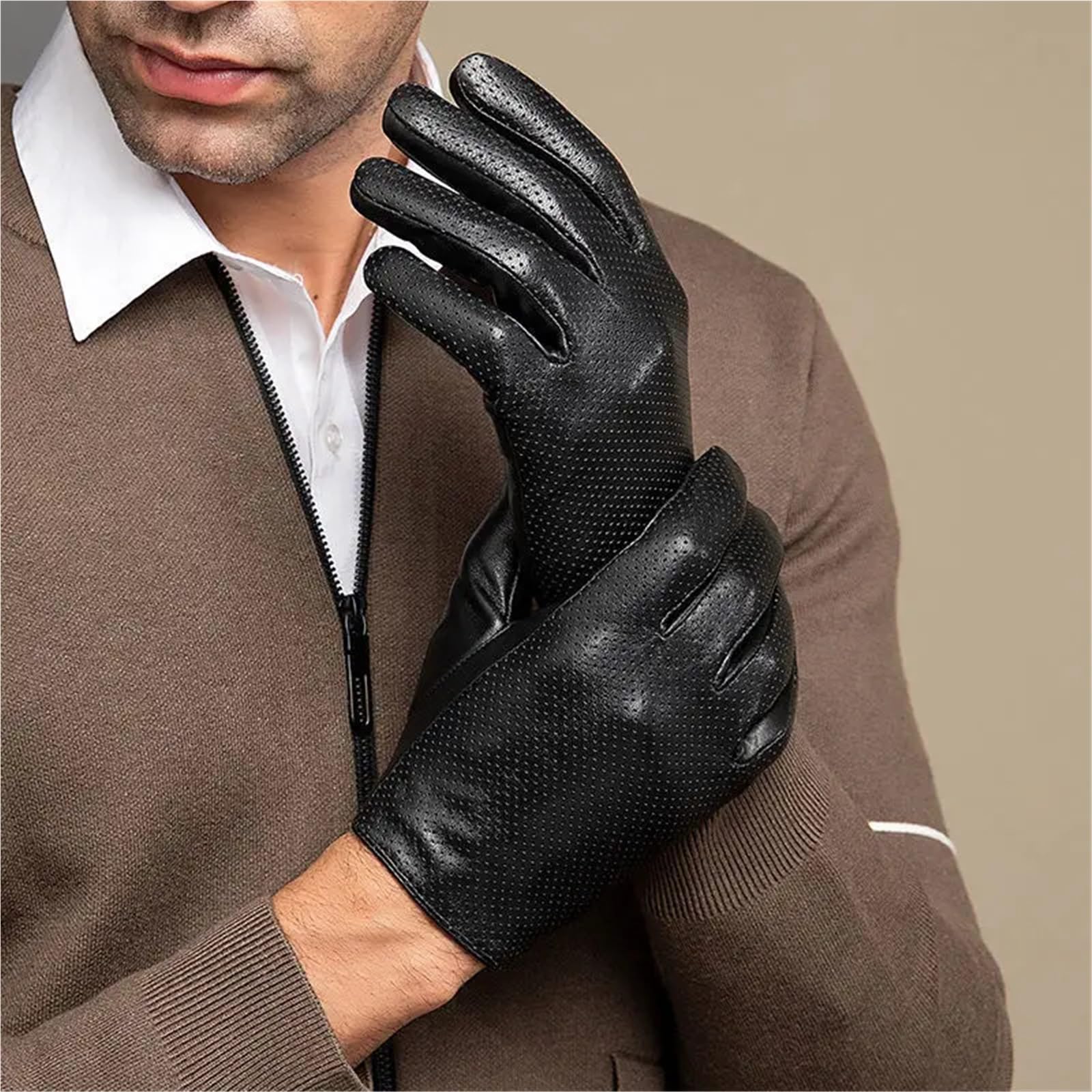 Guanti di pelle da uomo, Guanti da guida uomo d'affari Fullfinger Touchscreen WinterRiding Moto Nero M, L