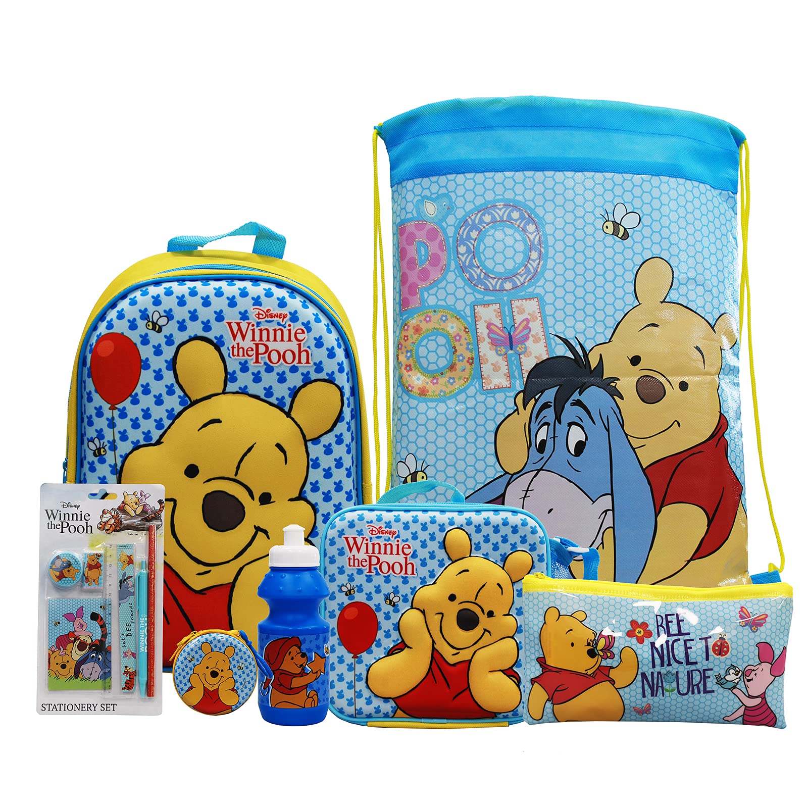 Winnie the Pooh 7PC Back to School Bundle - inc 3D Backpack, Drawstring Sports Bag, 3D Insulated Lunch Bag, Water Bottle, Coin Pouch, Pencil Case & Stationery Set.