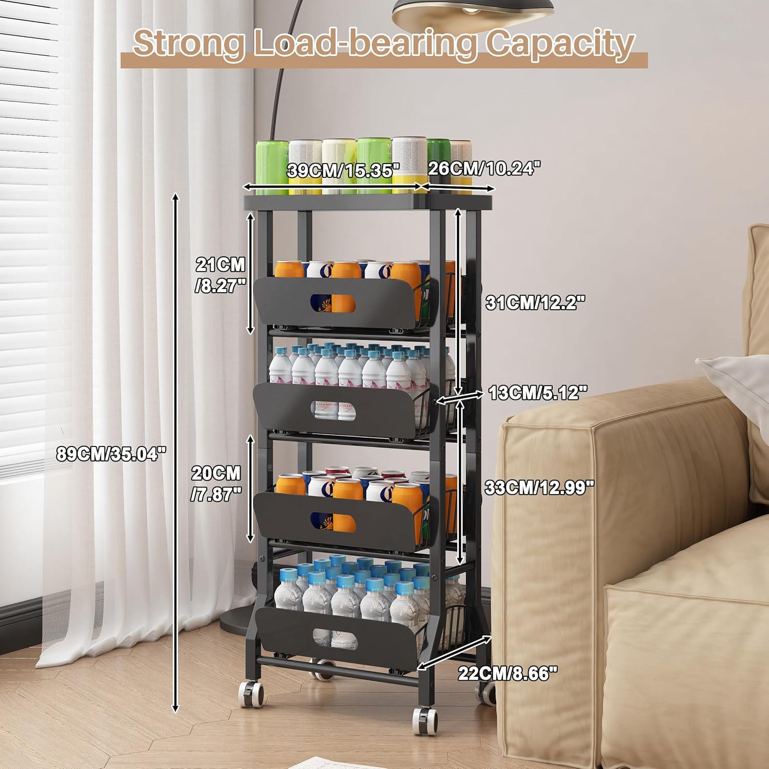 5-Tier Snack Cart with 4 Sliding Drawers and Fixed Top Shelf, Mobile Utility Organizer with Wheels for Kitchen, Office, Bathroom-Black