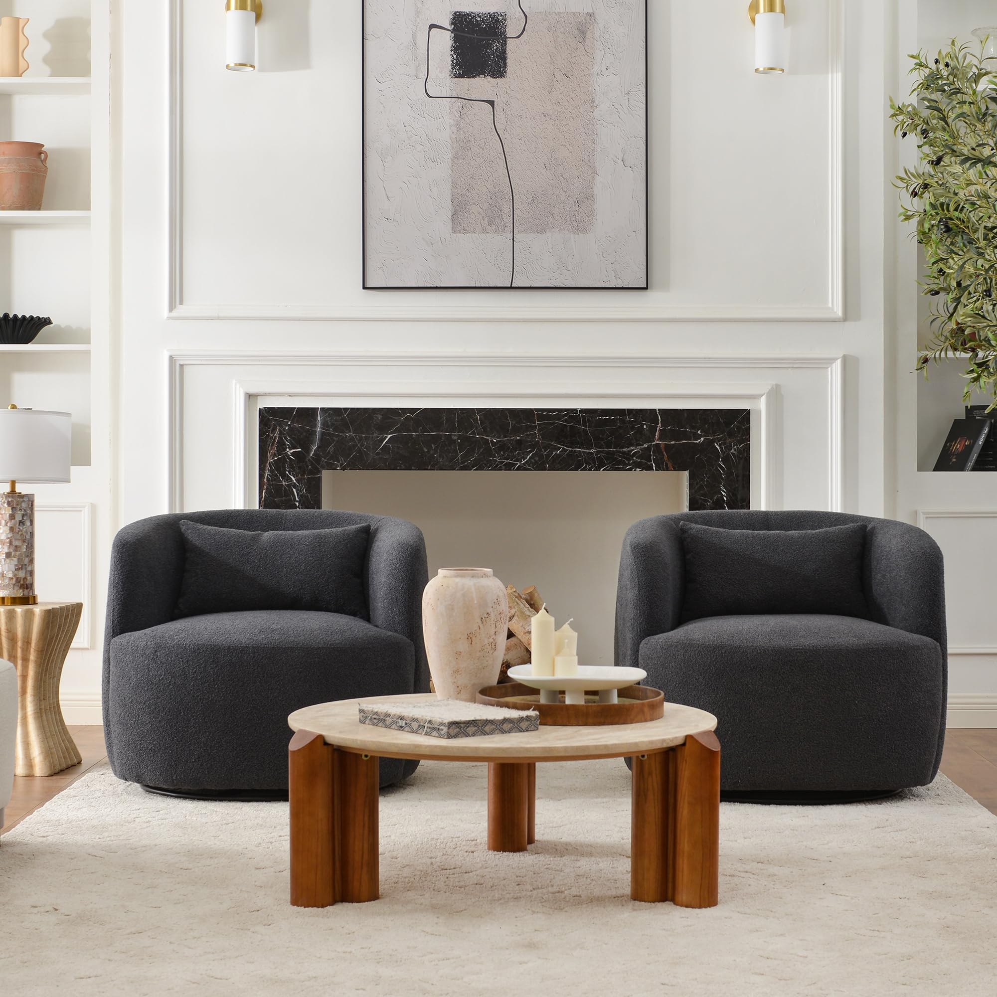 KINWELL 34" Wide Boucle Swivel Barrel Chairs Set of 2, No Assembly Round Upholstered Armchairs Accent Chairs Single Sofa Chair with Toss Pillow for