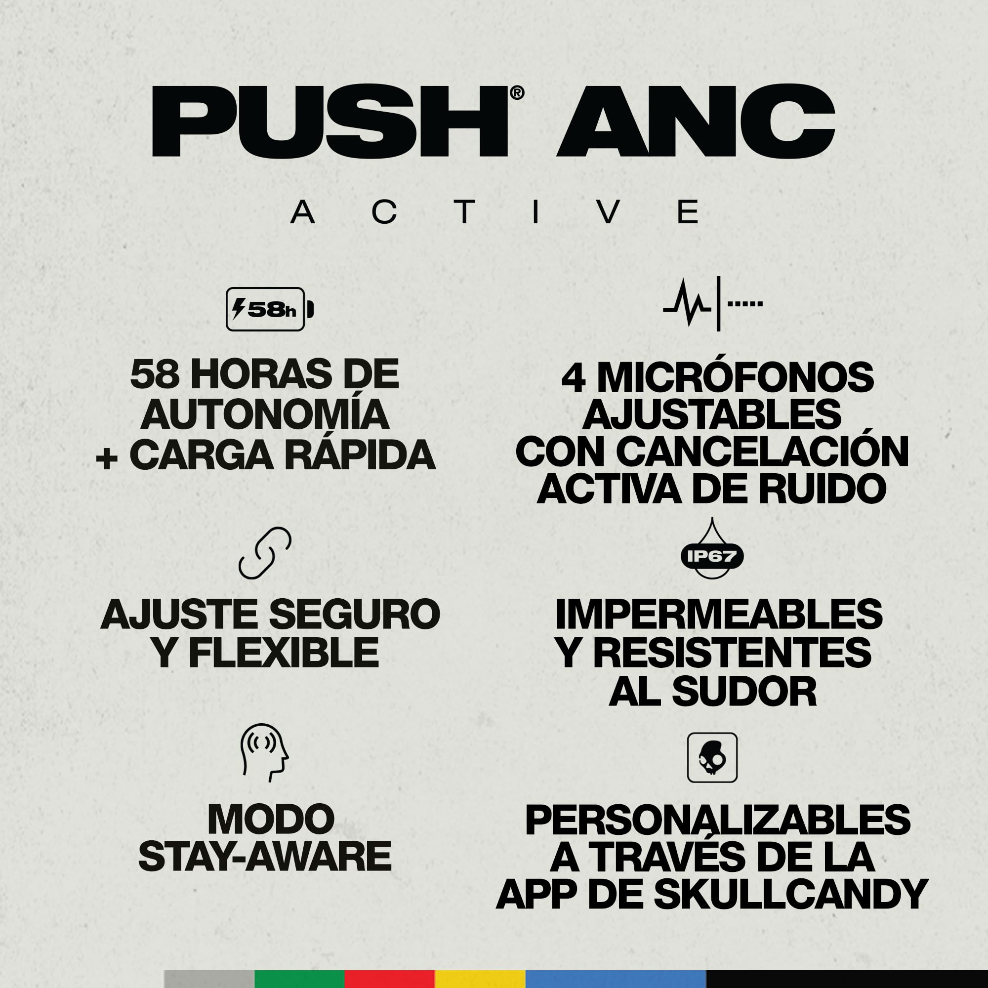 Skullcandy Push ANC Active in-Ear Wireless Earbuds, 58 HR Battery, IP67 Waterproof, Wireless Charging, Microphone, Works with iPhone Android and Bluetooth Devices - True Black/Orange