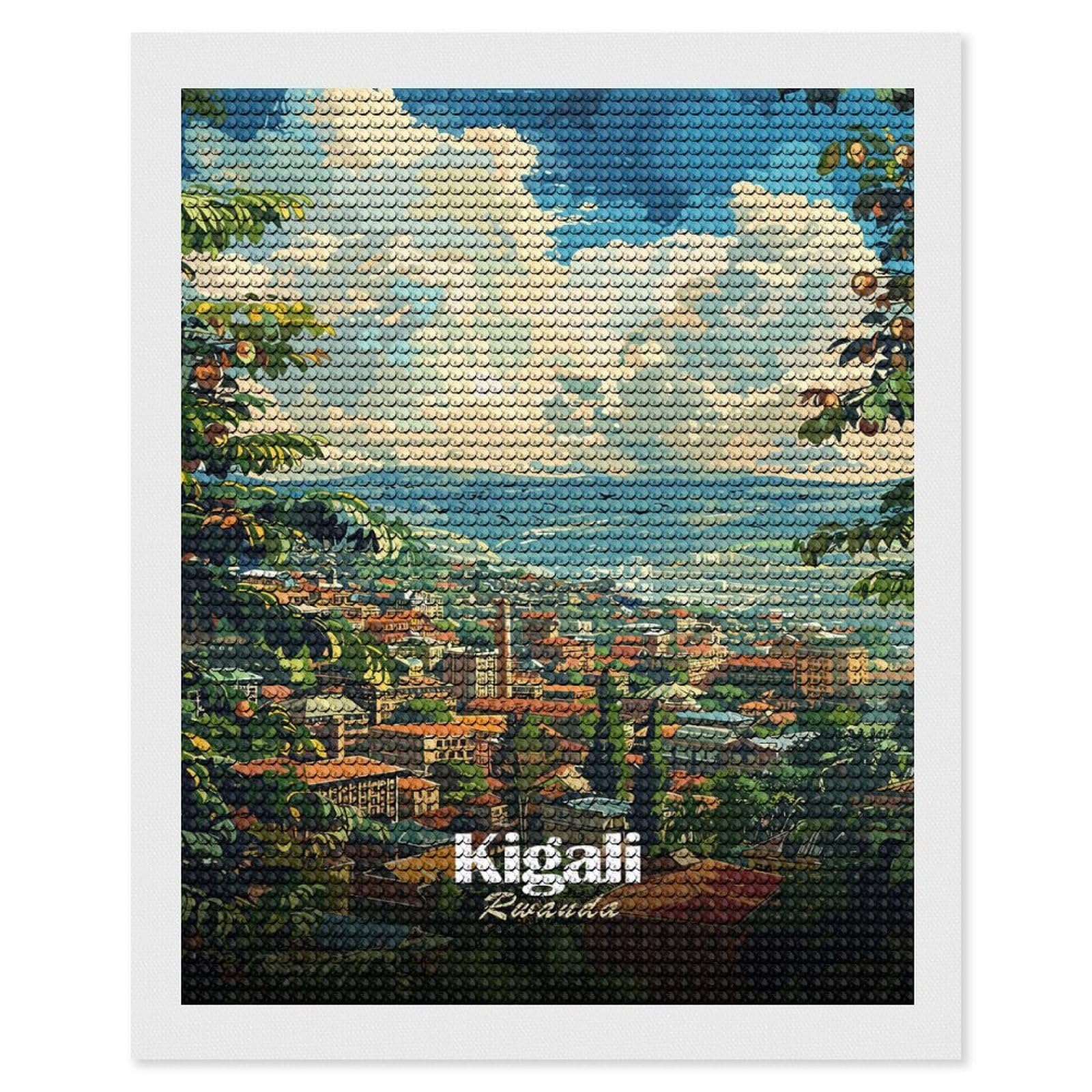Junmoney Kigali, Rwanda Cityscape Art Diamond Painting Canvas Set 16"x20", for Adults, Sparkling Round Gems, Thoughtful Handmade Gift, Modern Decor