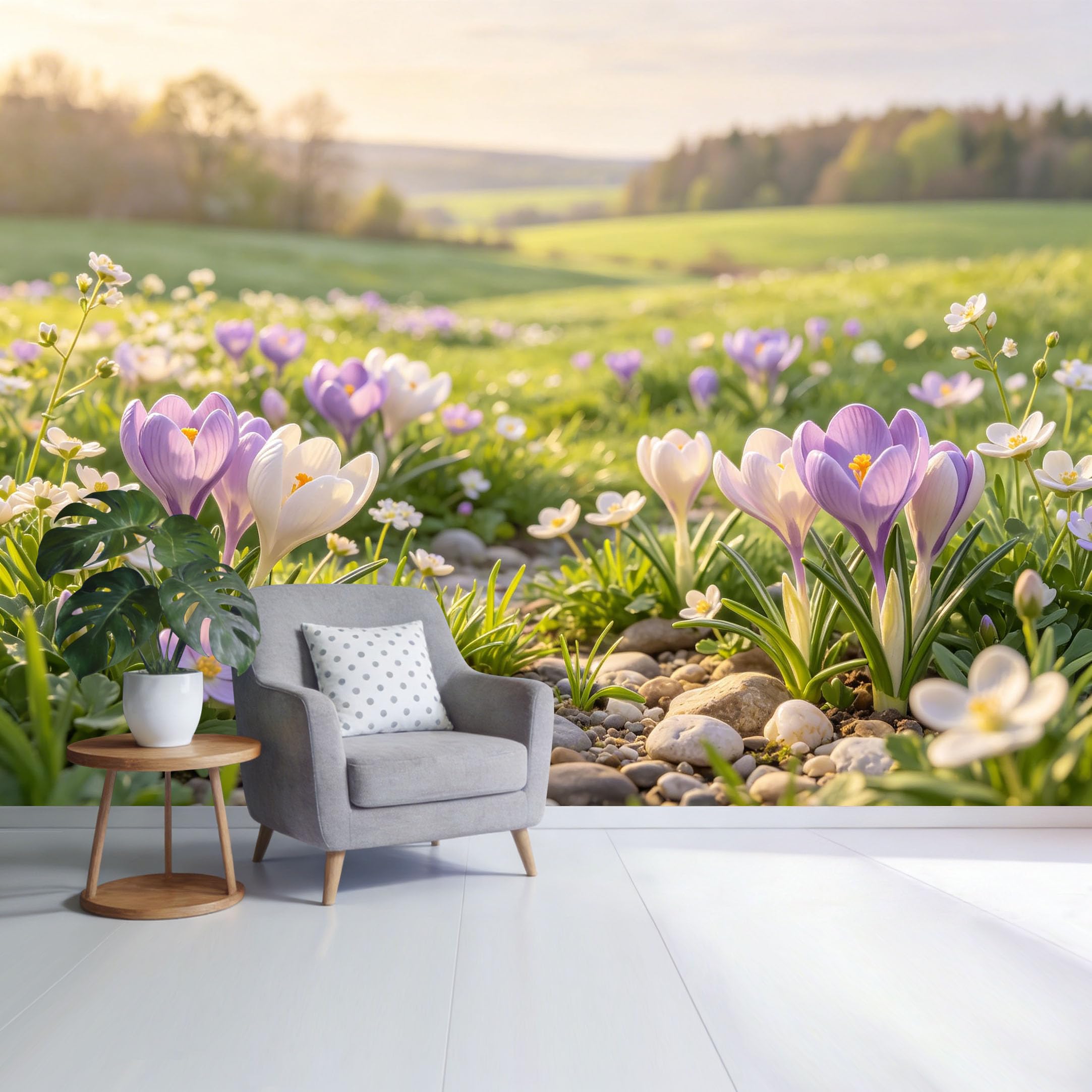 Custom Size Wall Mural Spring Meadow Crocus Flowers Landscape Botanical Nature Scene SelfAdhesive Wall Fabric Removable Wallpaper for Home Office Decor