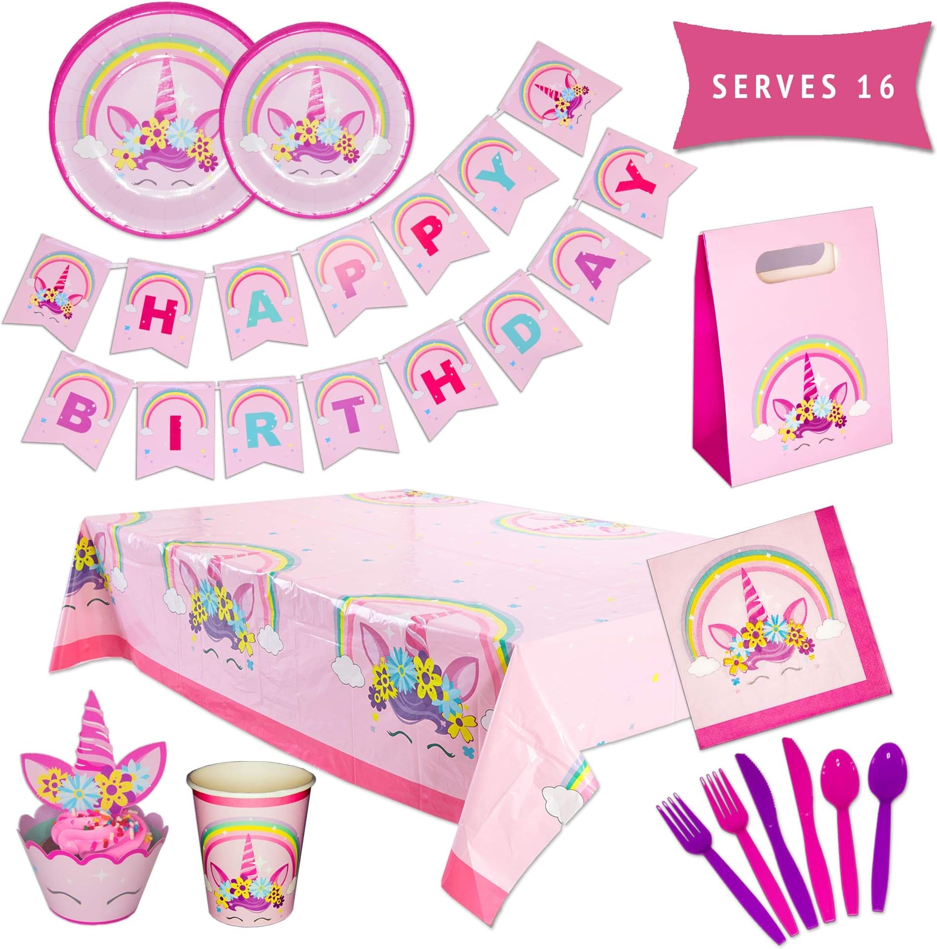 Unicorn Party Supplies Kit โ Unicorn Party Decorations โ Happy Birthday Banner, Party Plates, Party Cups, Cupcake Toppers & Wrappers, Favor Bags, Utensils & Table Cloth โ 162 Piece Set