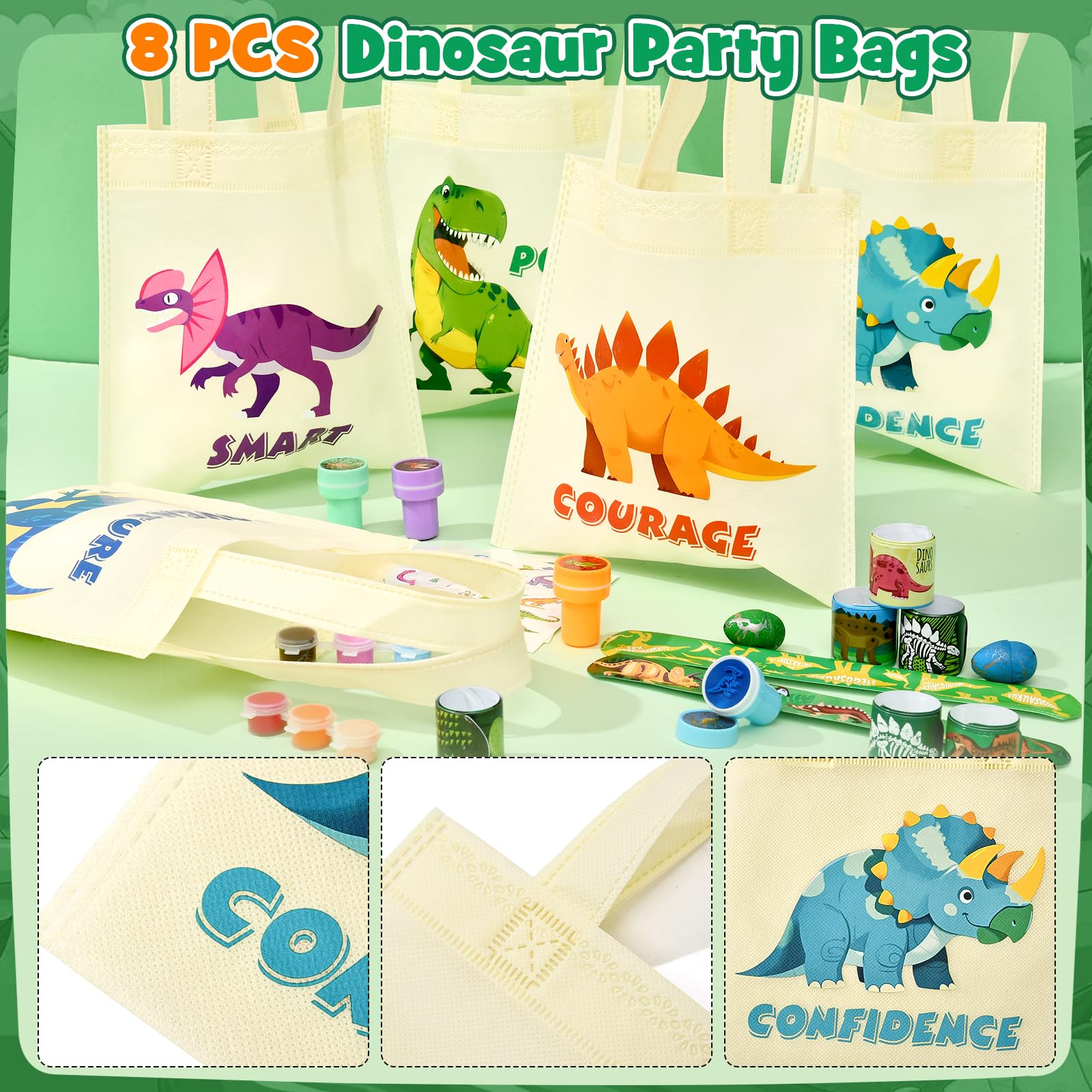 Dinosauri Gadget Compleanno Bambini con Kit di Artigianato in Legno, Borse di Tela, Uova Dino, Braccialetti Schioccanti, Timbri e Tatuaggi Temporanei, Regalini Fine Festa e Riempimento per Pignatta