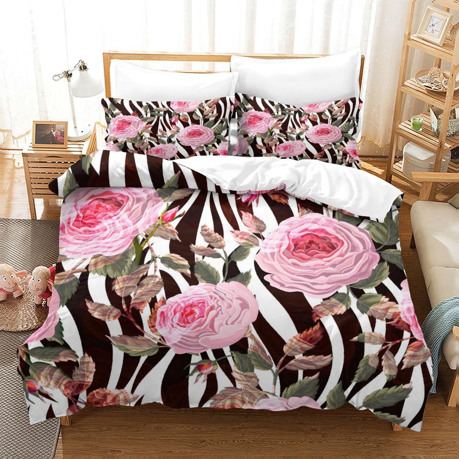 Cadeau de fête parure de lit roses anglaises et housse de couette zèbre 3D
