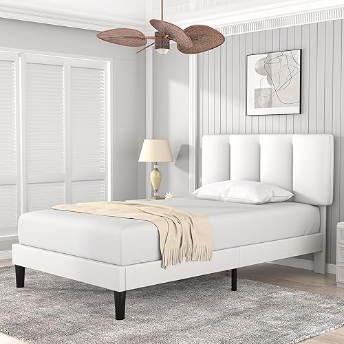 Miniatura 3 de VECELO Base de cama individual, base de cama tapizada, cabecera ajustable, soporte de listones de madera, no necesita somier, fácil montaje, color