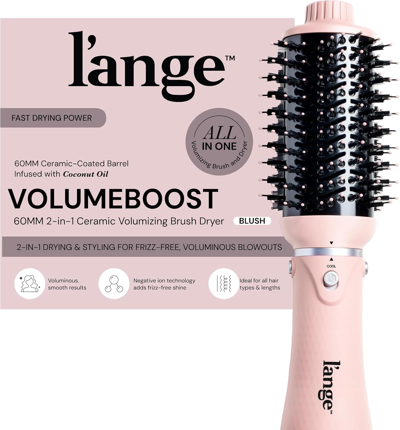 L’ANGE HAIR VolumeBoost 60mm 2-in-1 Ceramic Volumizing Brush Dryer | Fast Drying & Styling for Frizz-Free, Voluminous Blowouts | Ceramic-Coated Barrel (Blush)