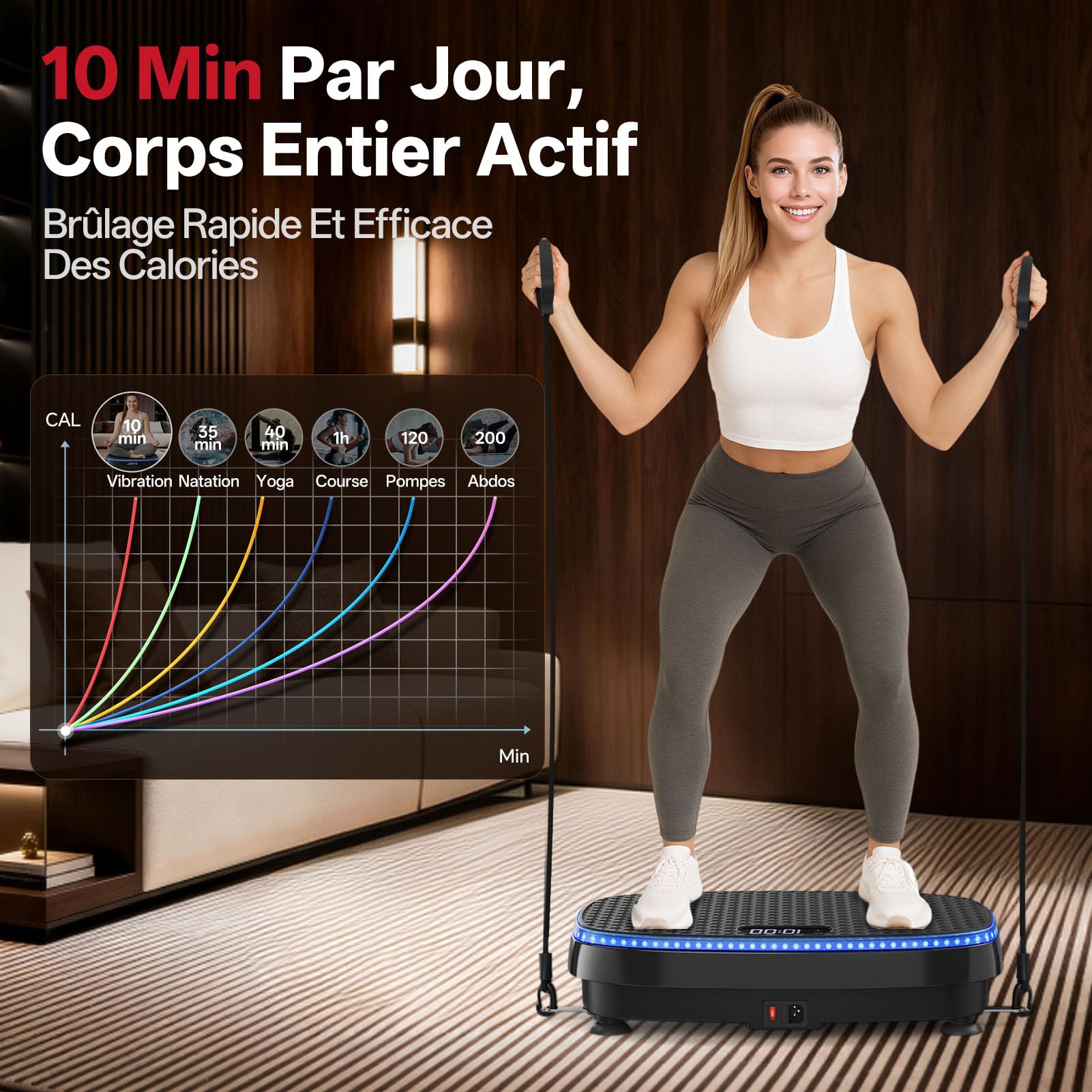 JOROTO JV50/JV60 Plateforme Vibrante 4D pour la Maison, avec 3 Moteurs, 10 Programmes & 120 Niveaux, Haut-Parleur Bluetooth, Éclairage LED pour Entraînement Complet du Corps, Charge Max. de 158KG