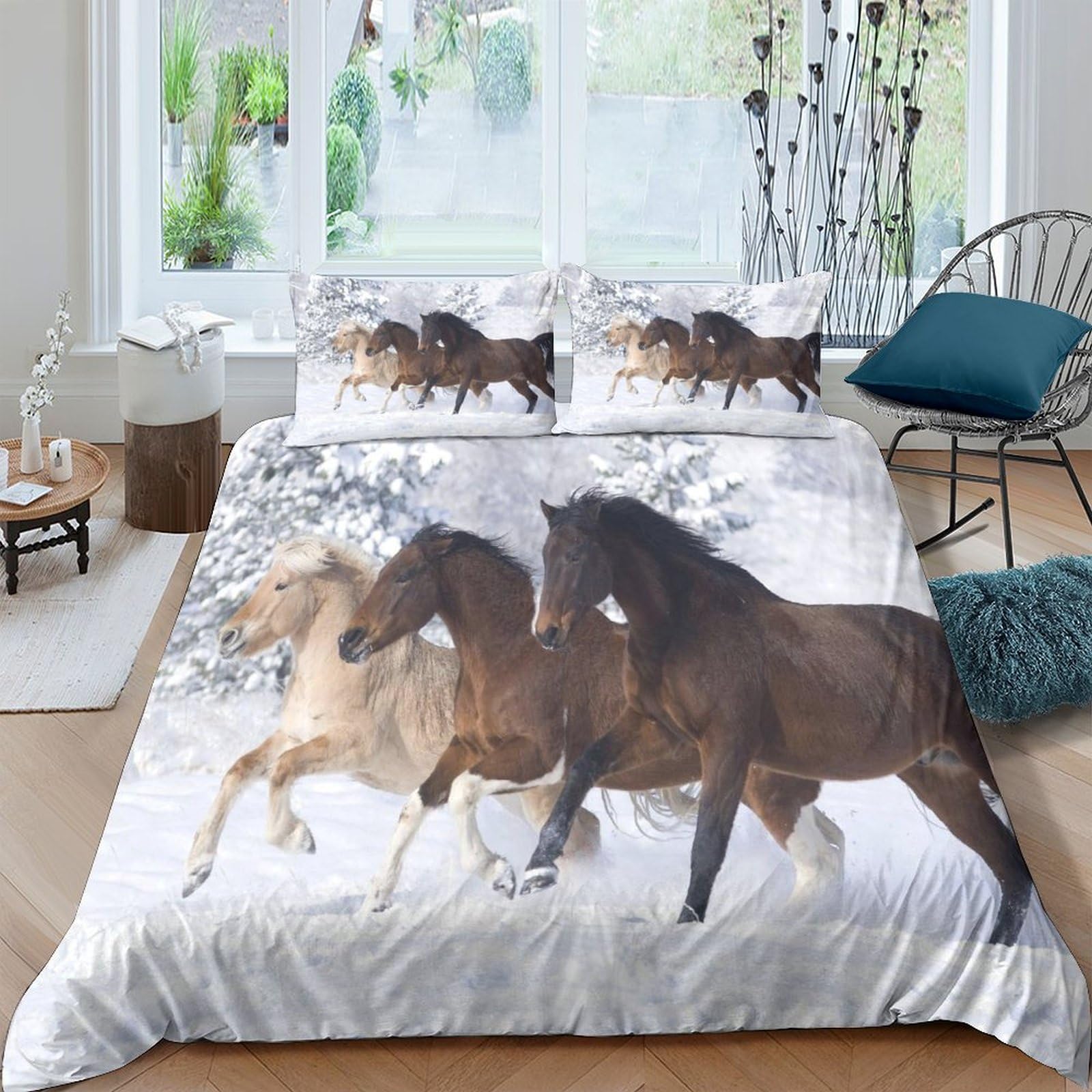 Housse de couette cheval microfibre ultra douce parure de lit grise King size