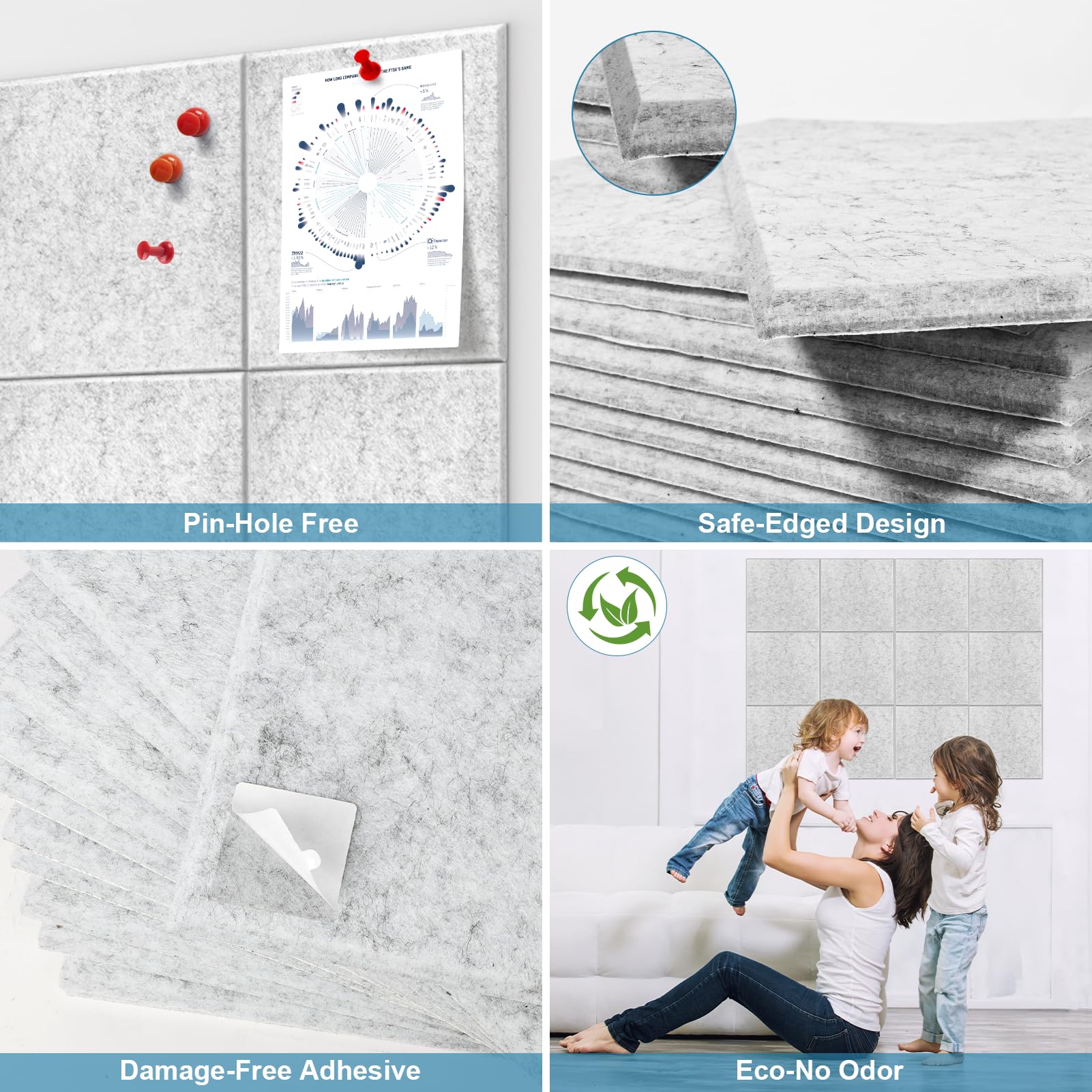 Große Korktafel-Alternative, 30 x 30 cm, Filz-Wandfliesen mit sicheren, abnehmbaren Klebestreifen, Kork-Wandfliesen, Pinnwand, Heimbüro, Essentials, Grau, 12 Stück