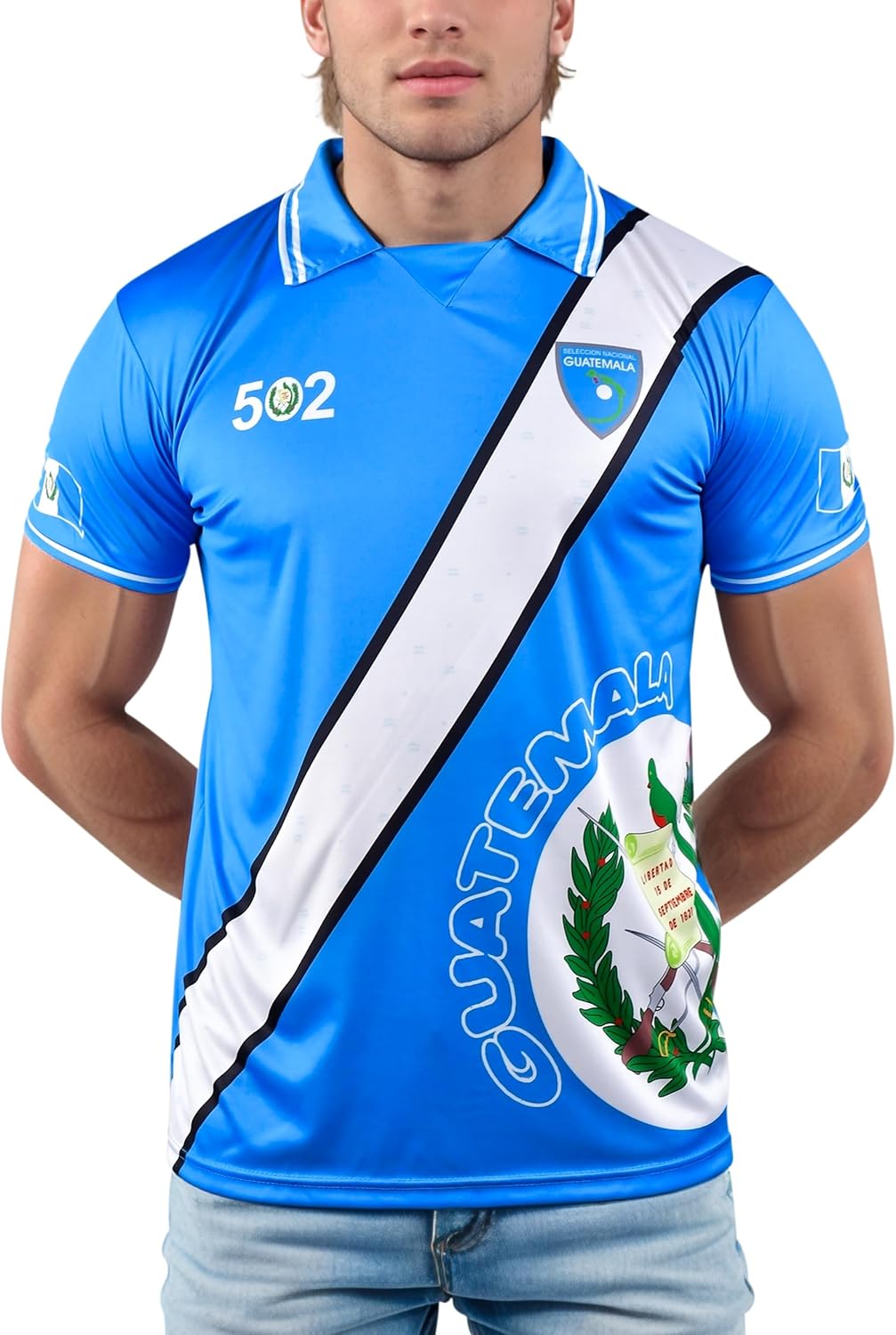 Men's Guatemala Soccer Jersey Shirt with Stylish Collar and Ribbed Sleeves - White, Black & Sky Blue