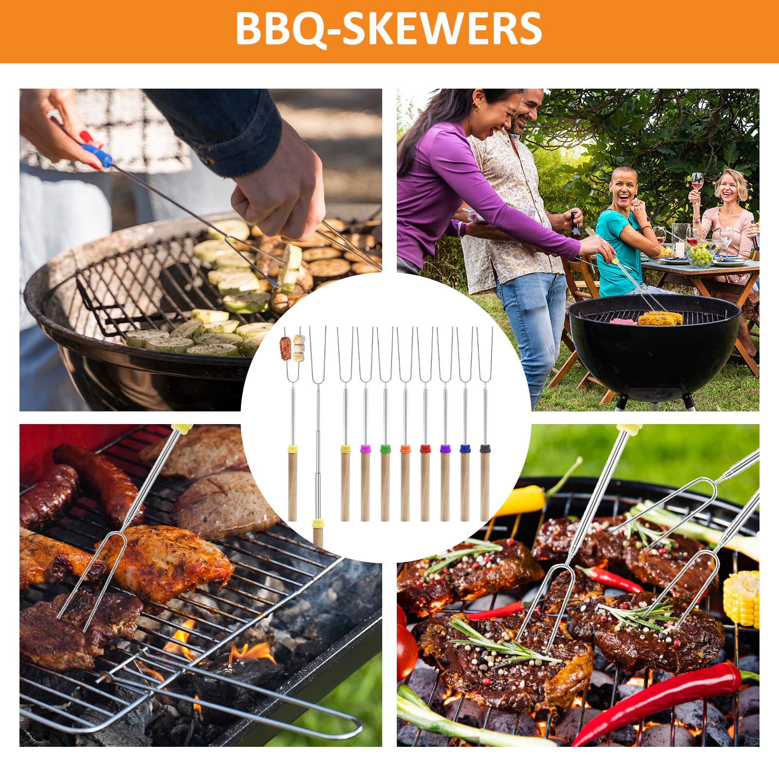 DAWRIS Lot de 8 brochettes télescopiques pour barbecue Marshmallow DAWRIS Lot de 8 brochettes télescopiques pour barbecue Marshmallow