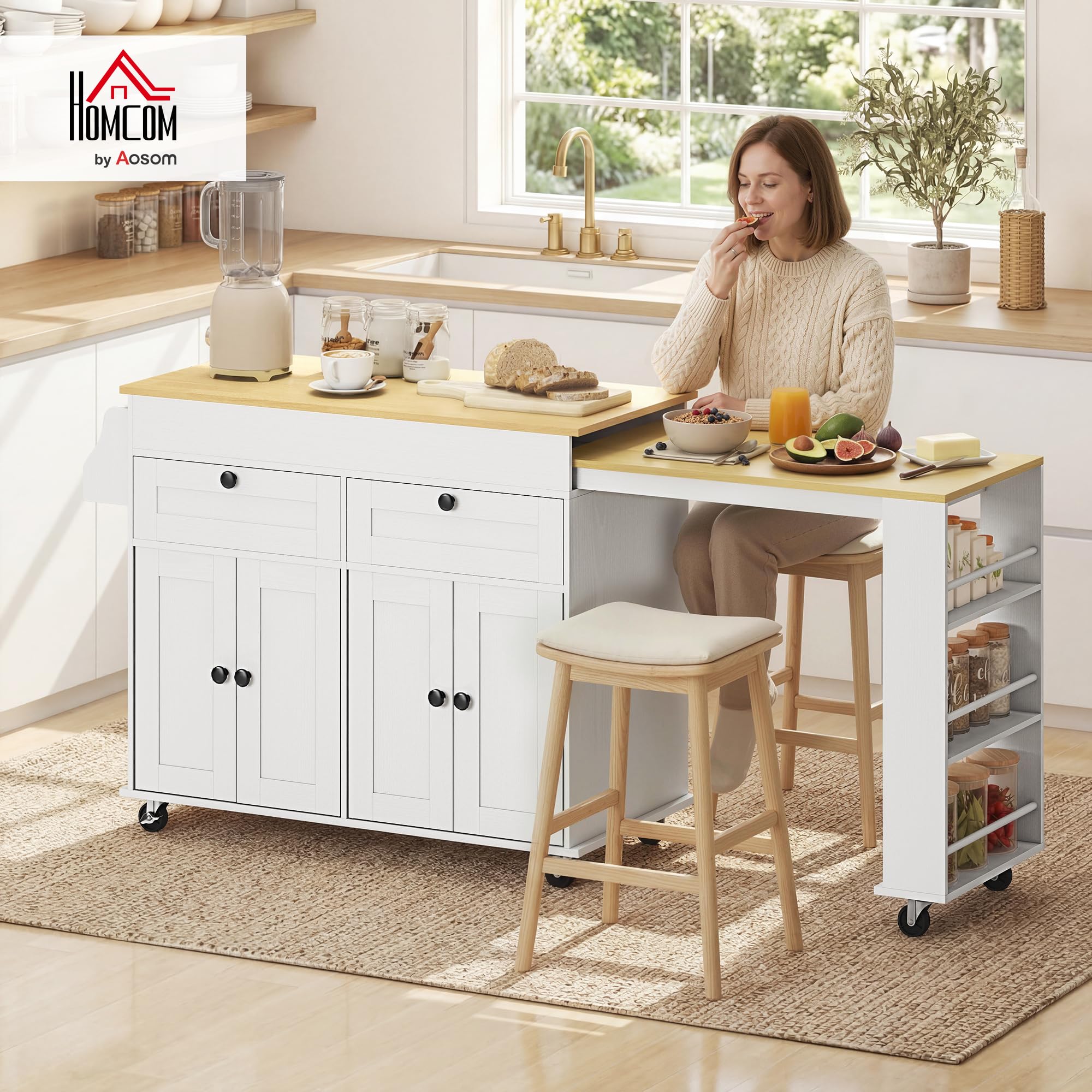 HOMCOM Îlot Central Cuisine avec Plateau Extensible, Desserte de Cuisine sur roulettes avec 2 Tiroirs, 4 Portes, Porte-Serviettes et Porte-Épices, Style Rustique,127,2-189,2 x 50 x 87,8 cm, Blanc