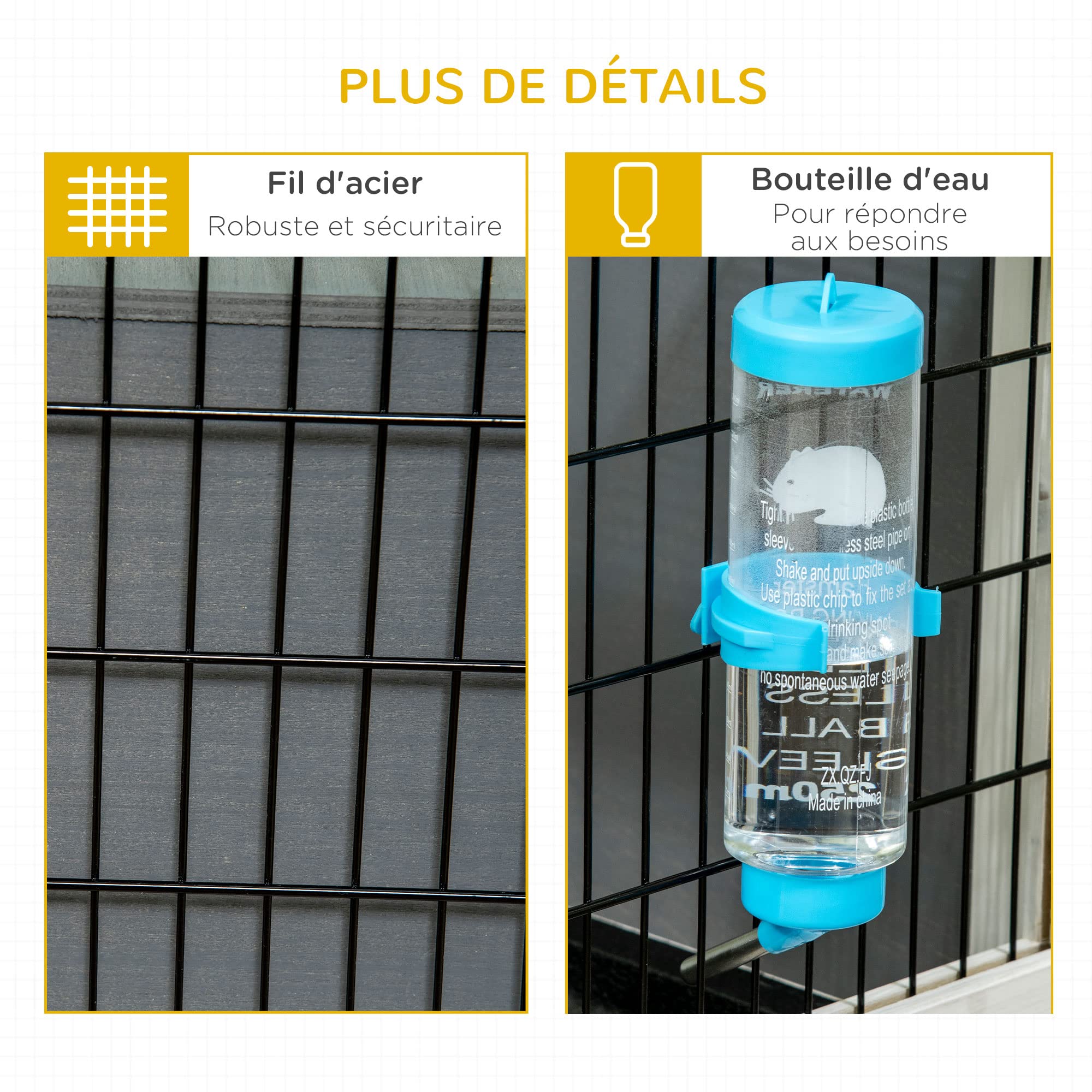 PawHut Clapier Cage à Lapin - Cage à Lapin intérieur Niche, Plateau déjection, Porte et Toit ouvrant verrouillables, Abreuvoir - Acier Noir Sapin Gris Blanc