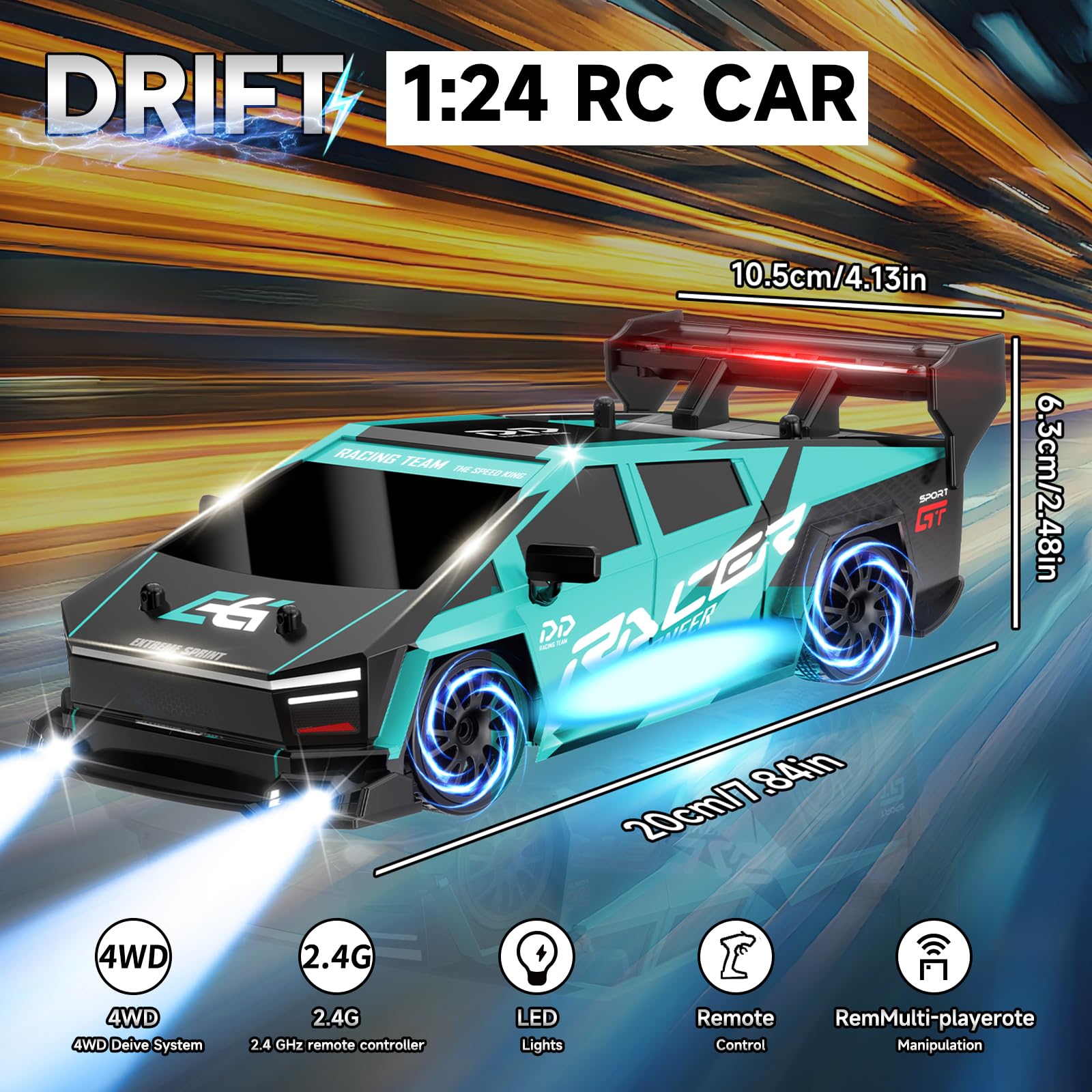 BIAOQINBO Drift 1:24 1000 mAh 20 km/h, 4WD, 2,4 GHz, con luci LED, giocattolo da corsa, regalo di compleanno, per bambini a partire dagli 8 anni (blu)