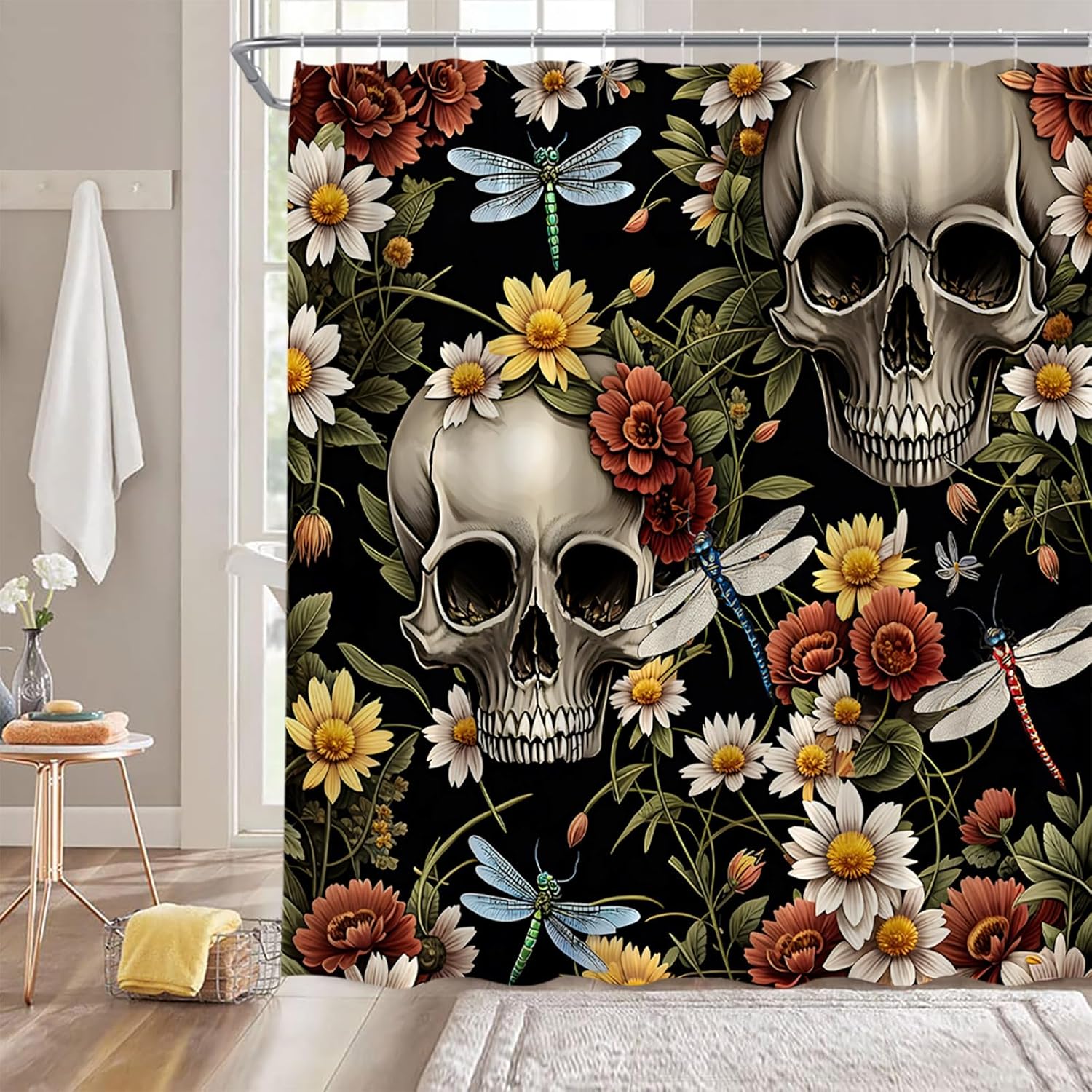 Flower Skull Shower Curtain Gothic Halloween Skull Skeleton Colorful Flowers Dragonfly Black Vintage Spooky 180" Wx70 H Bathroom Decor Curtain with Hooks