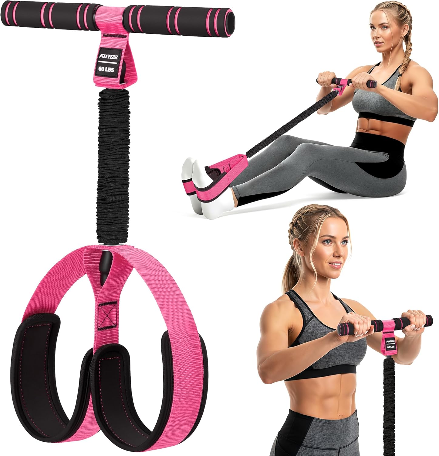 KUTIZE Resistance Band with Handle, Upgraded Sit Up Exercise Equipment for Abdomen & Waist, 60LBS Fashion Puller for Home Gym, Core/ABS, Leg & Arm Workout, Weight Loss & Physical Therapy for Women