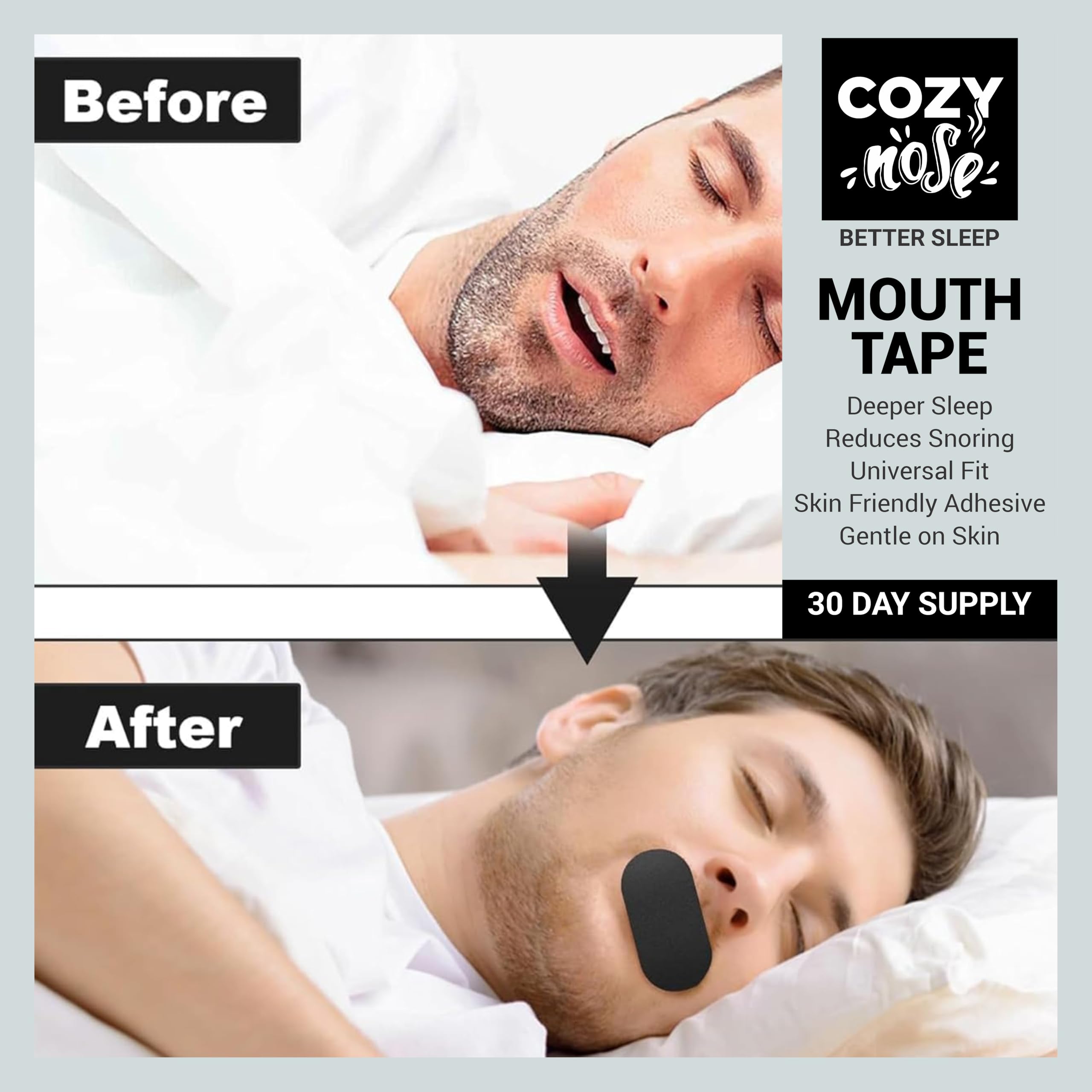 COZY Nose - Mouth Tape for Better Sleep, Snoring Relief & Nasal Breathing | Hypoallergenic Skin-Friendly Adhesive | Comfortable Mouth Strips for Dry Mouth Prevention, Travel & Workout | 30 Pcs 1