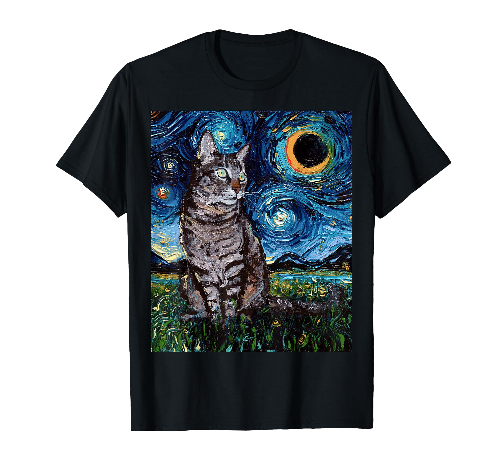 Gray Tabby Tiger Cat Starry Night Moon and Stars Artwork T-Shirt