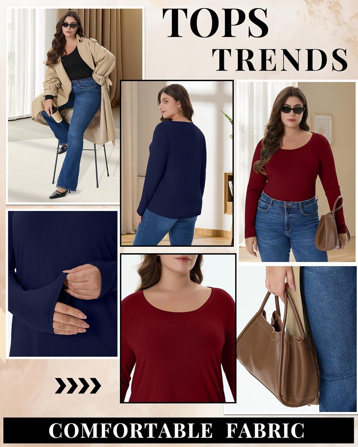 4 Pack Women's Plus Size Shirts, Casual Long Sleeve Tees Scoop Neck Basic Tops Loose Fit Layering Solid Blouses - Image 5