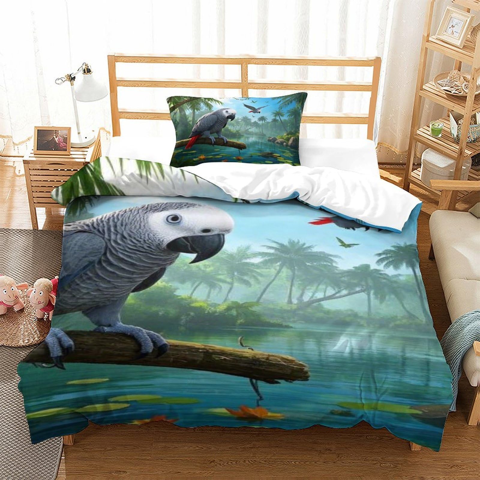 QIAVXZIP 3D African Grey Parrot Luxury Bedding 2 Pieces Quilt Set Soft Microfiber with Pillowcases For Kids Teens Boys Soft Zipper Single（135x200cm）